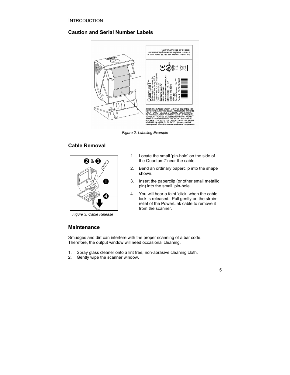 Caution and serial number labels, Cable removal, Maintenance | Metrologic Instruments MS3580 User Manual | Page 9 / 56