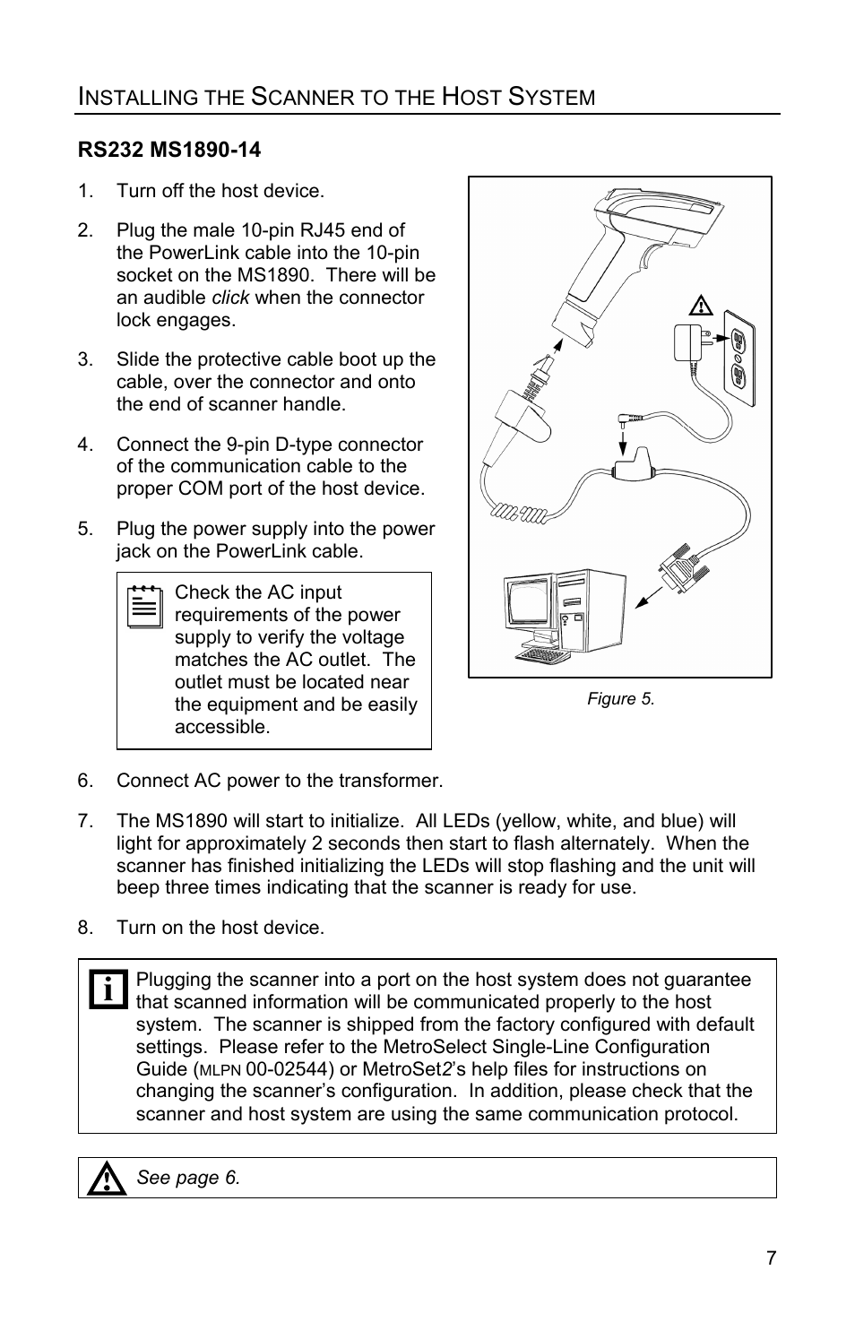 Intalling the scanner to the host system, Rs232 ms1890-14, Installing the scanner to the host system | Metrologic Instruments MS1890 User Manual | Page 11 / 48