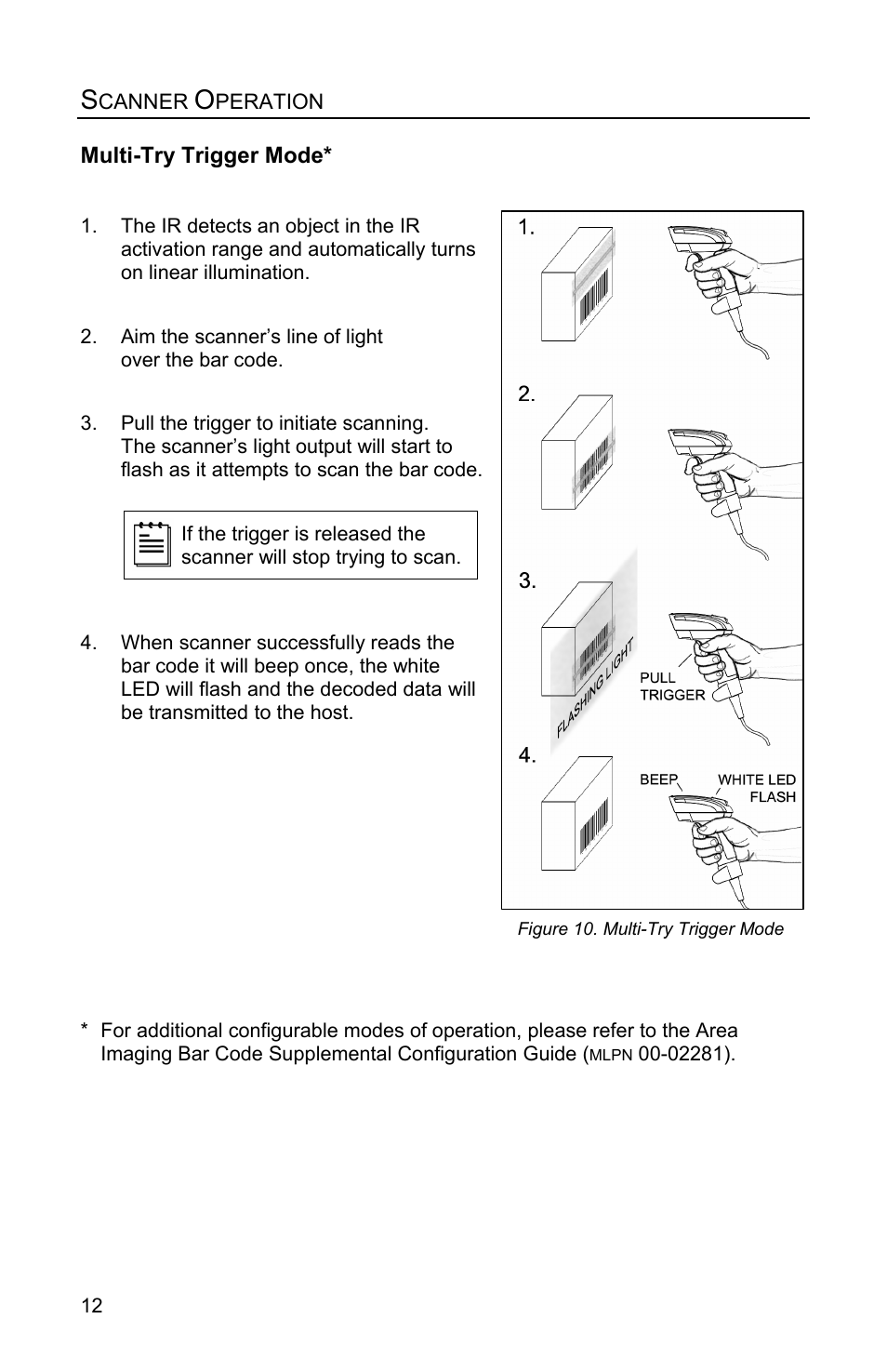 Scanner operation, Multi-try trigger mode, Low speed usb ms1890 | Metrologic Instruments MS1890 User Manual | Page 16 / 48