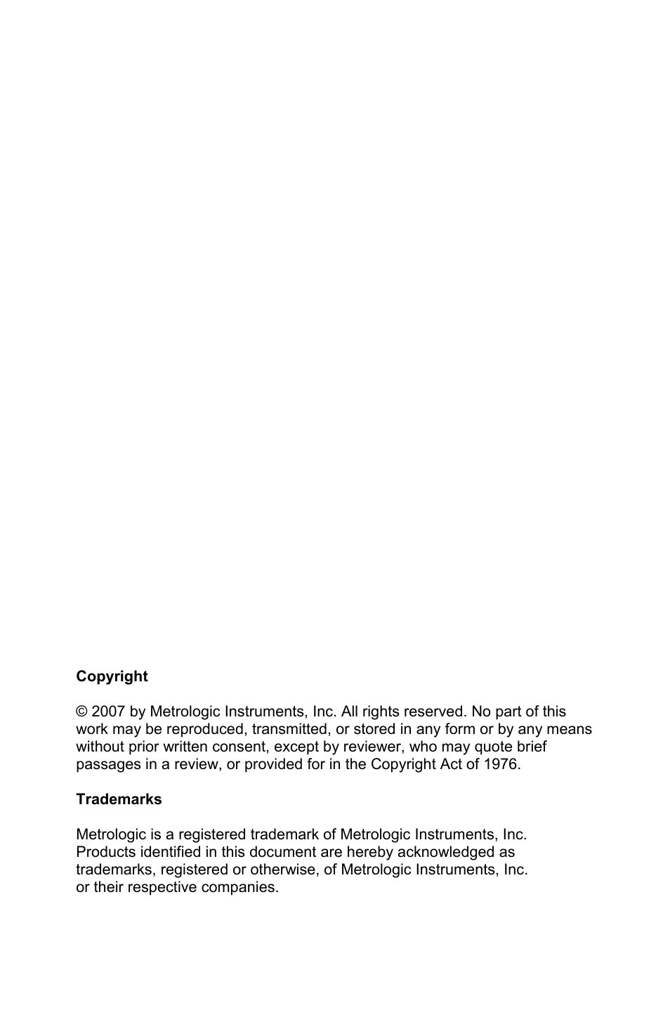 Copyright/trademarks | Metrologic Instruments MS1890 User Manual | Page 2 / 48