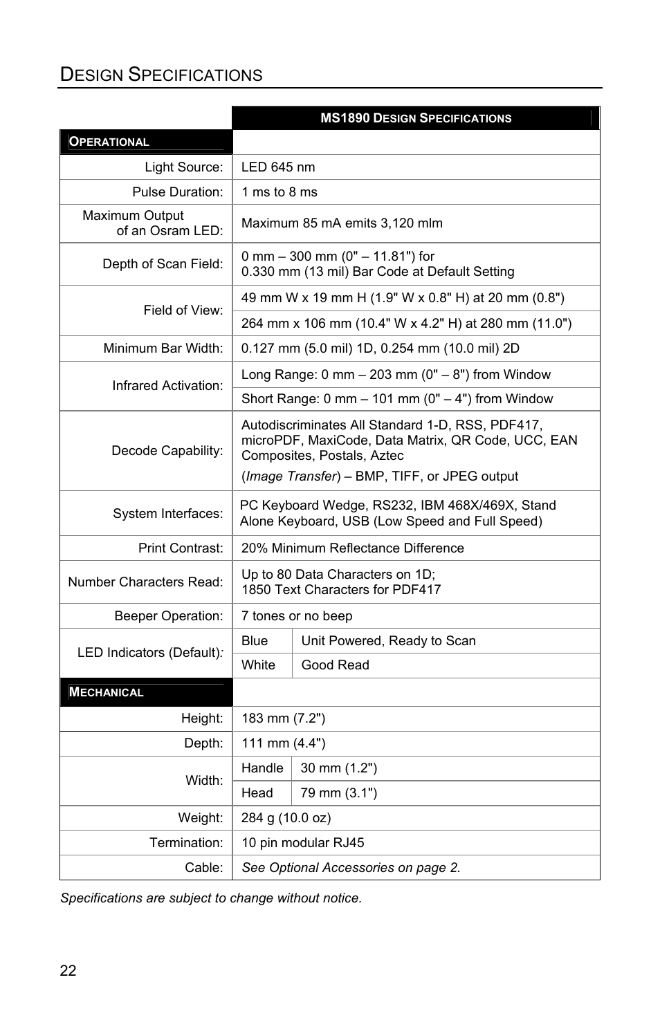 Design specifications | Metrologic Instruments MS1890 User Manual | Page 26 / 48