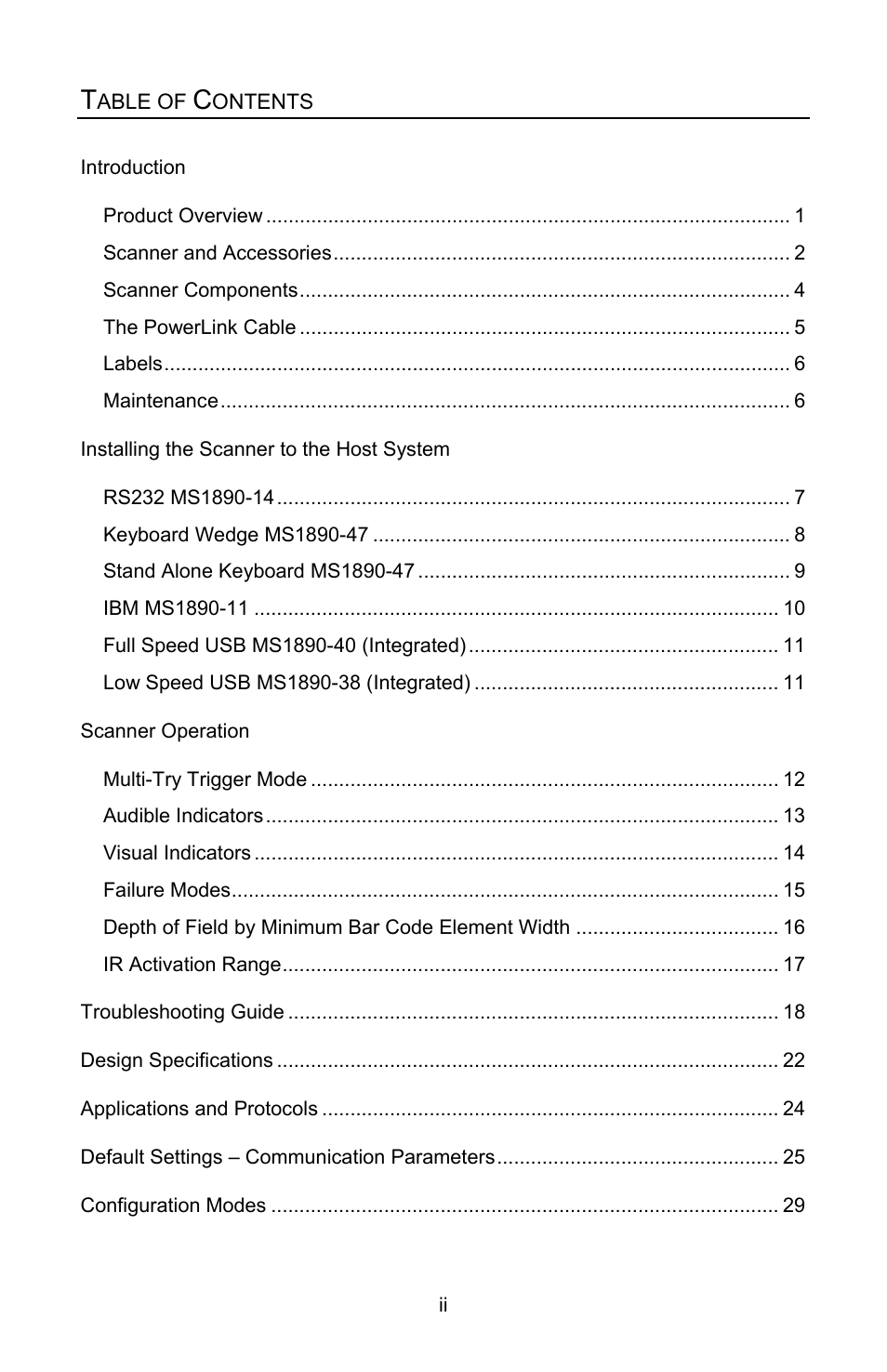 Table of contacts | Metrologic Instruments MS1890 User Manual | Page 3 / 48