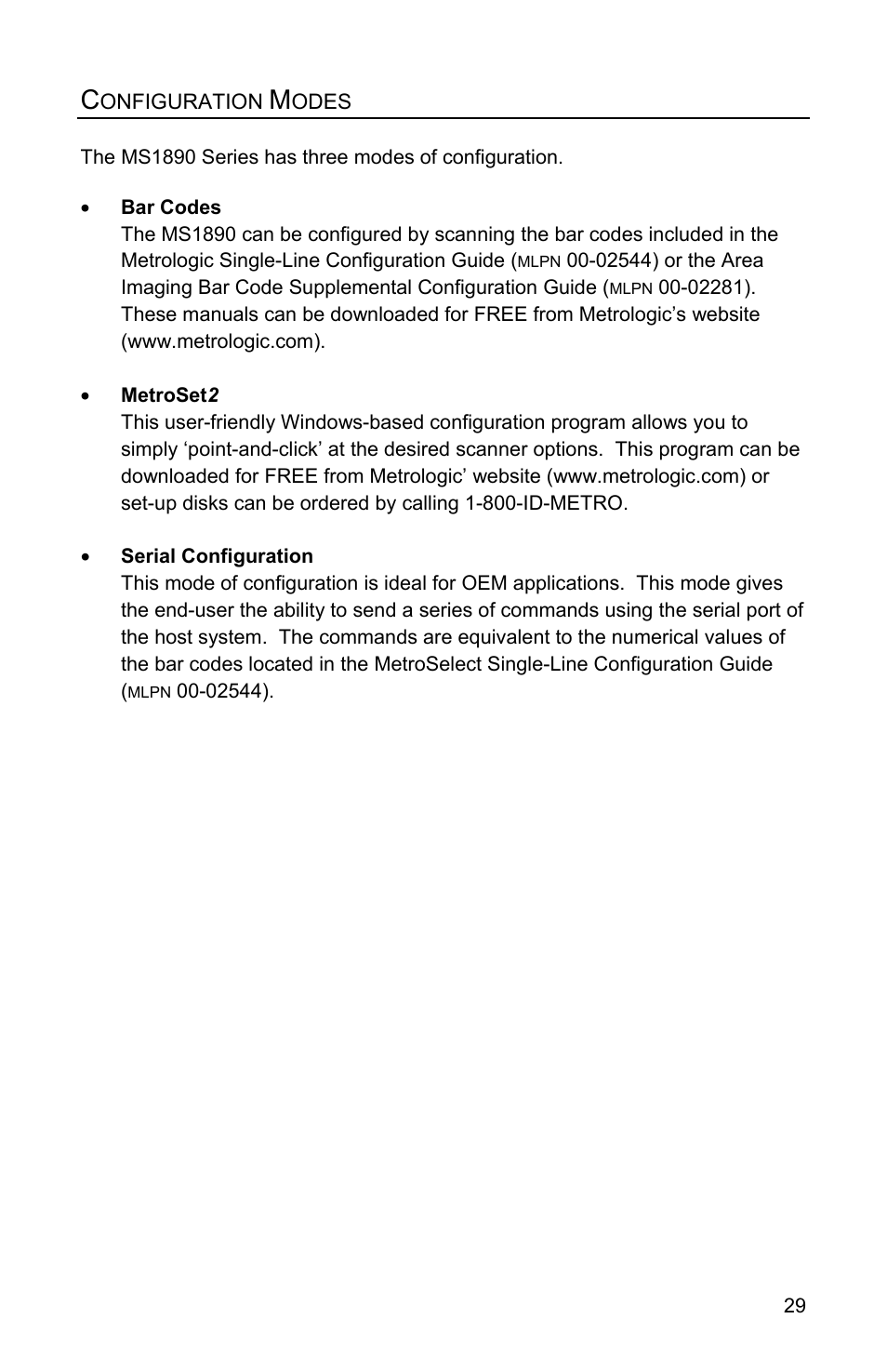 Configuration modes, Applications and protocols | Metrologic Instruments MS1890 User Manual | Page 33 / 48