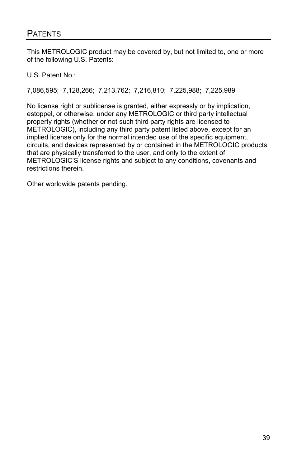 Patents | Metrologic Instruments MS1890 User Manual | Page 43 / 48