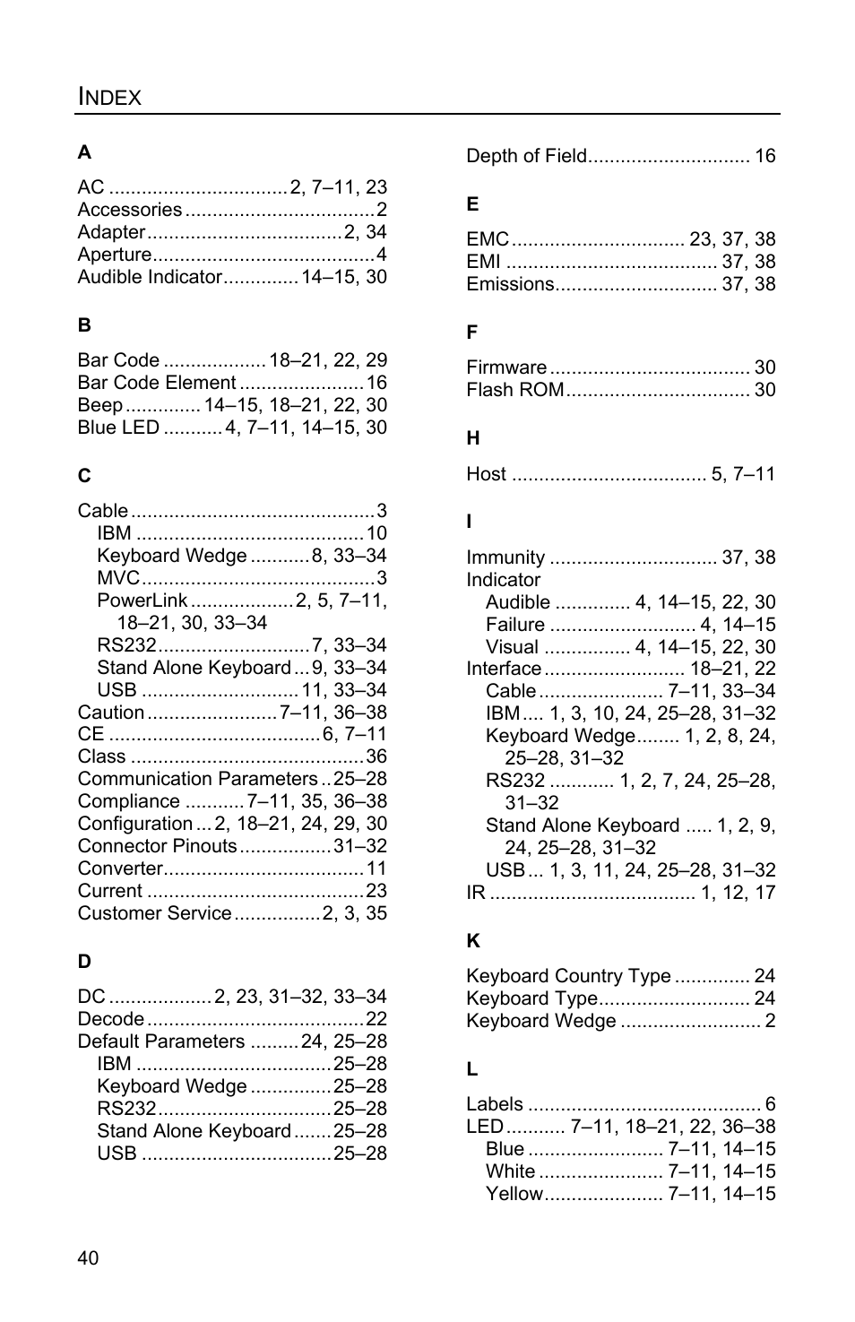 Index | Metrologic Instruments MS1890 User Manual | Page 44 / 48