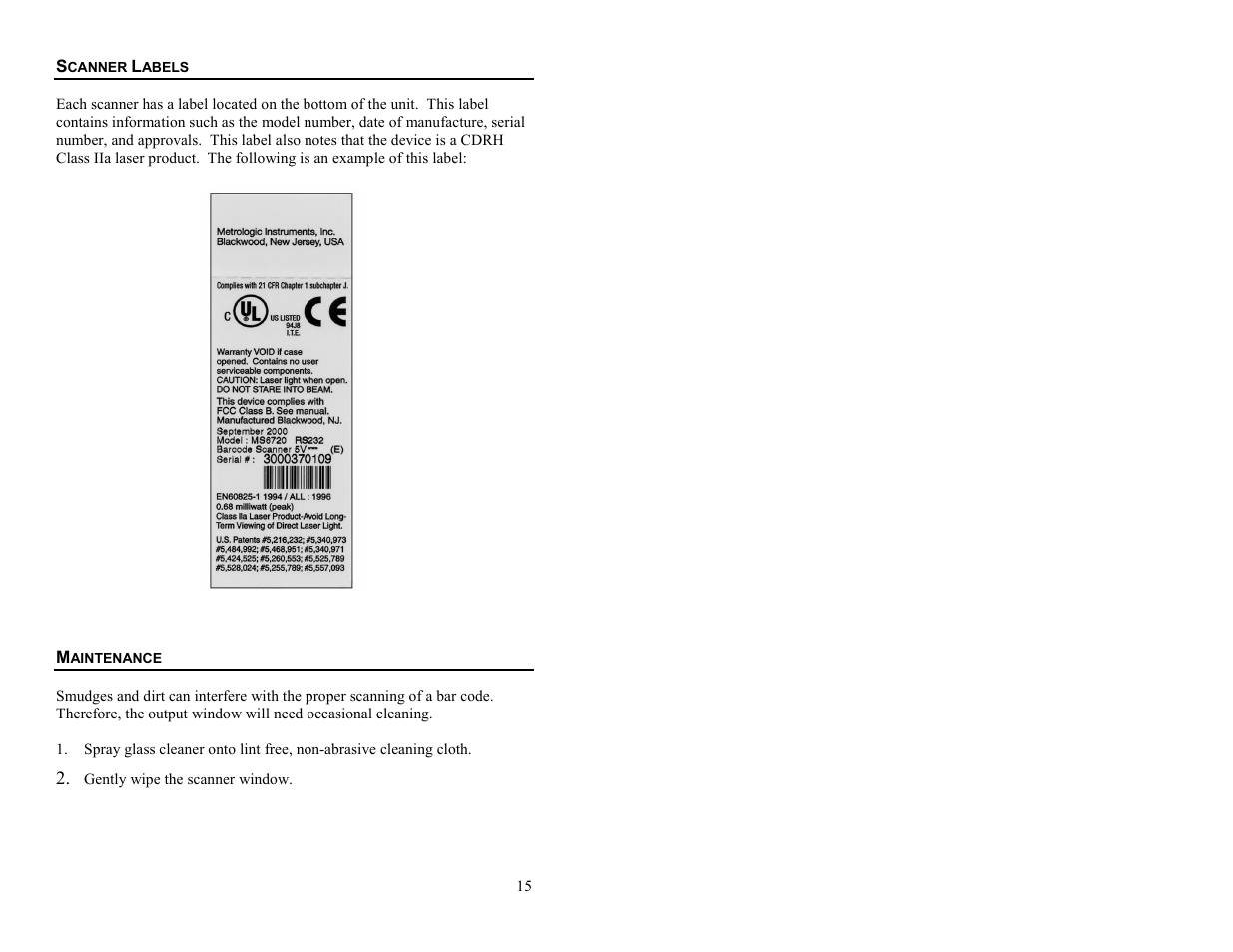 Scanner labels, Maintenance | Metrologic Instruments MS6720 User Manual | Page 21 / 52