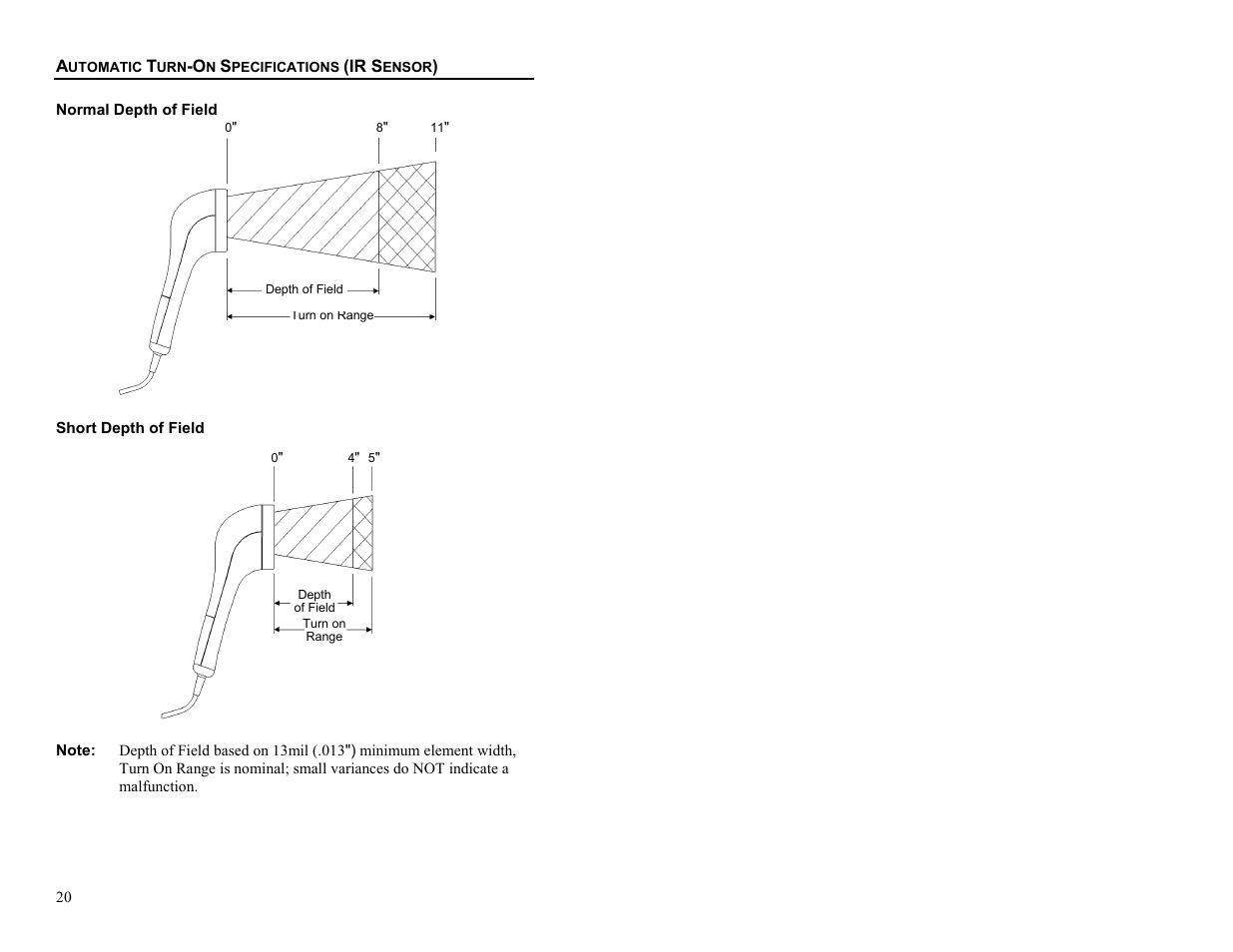 Automatic turn-on specifications (ir sensor), Normal depth of field, Short depth of field | Metrologic Instruments MS6720 User Manual | Page 26 / 52