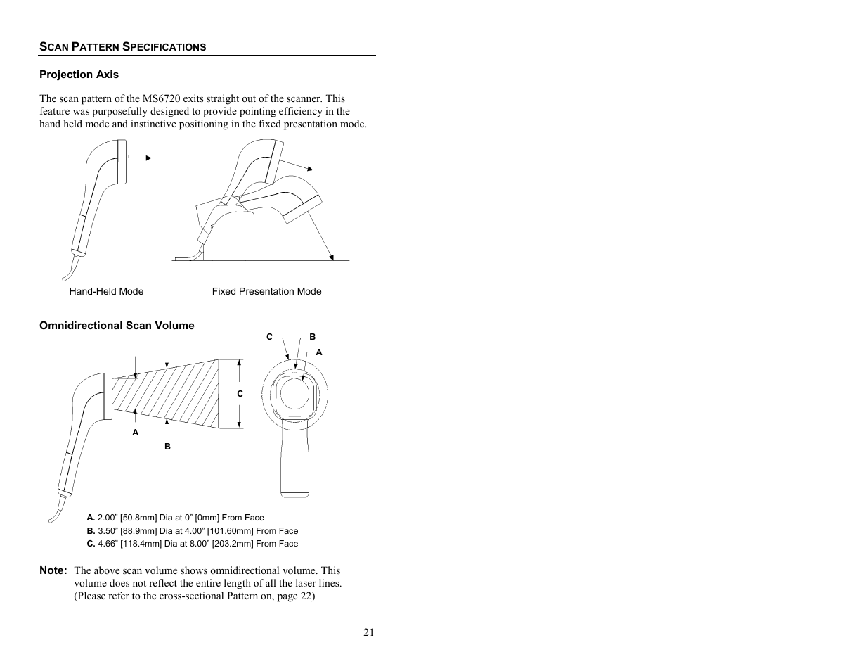 Scan pattern specifications, Projection axis, Omnidirectional scan volume | Metrologic Instruments MS6720 User Manual | Page 27 / 52