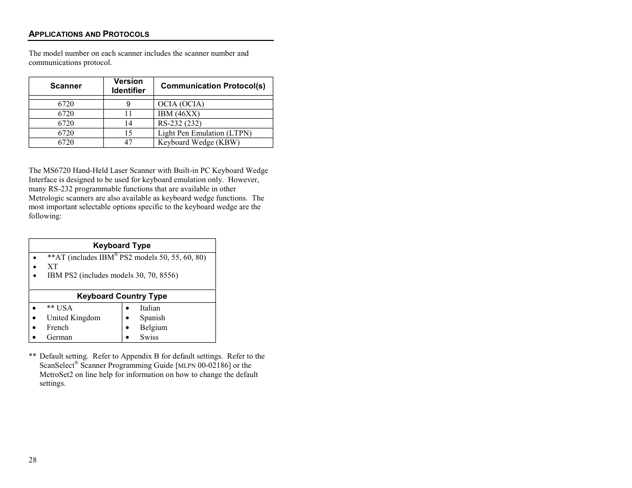 Application and protocols, Applications and protocols | Metrologic Instruments MS6720 User Manual | Page 34 / 52