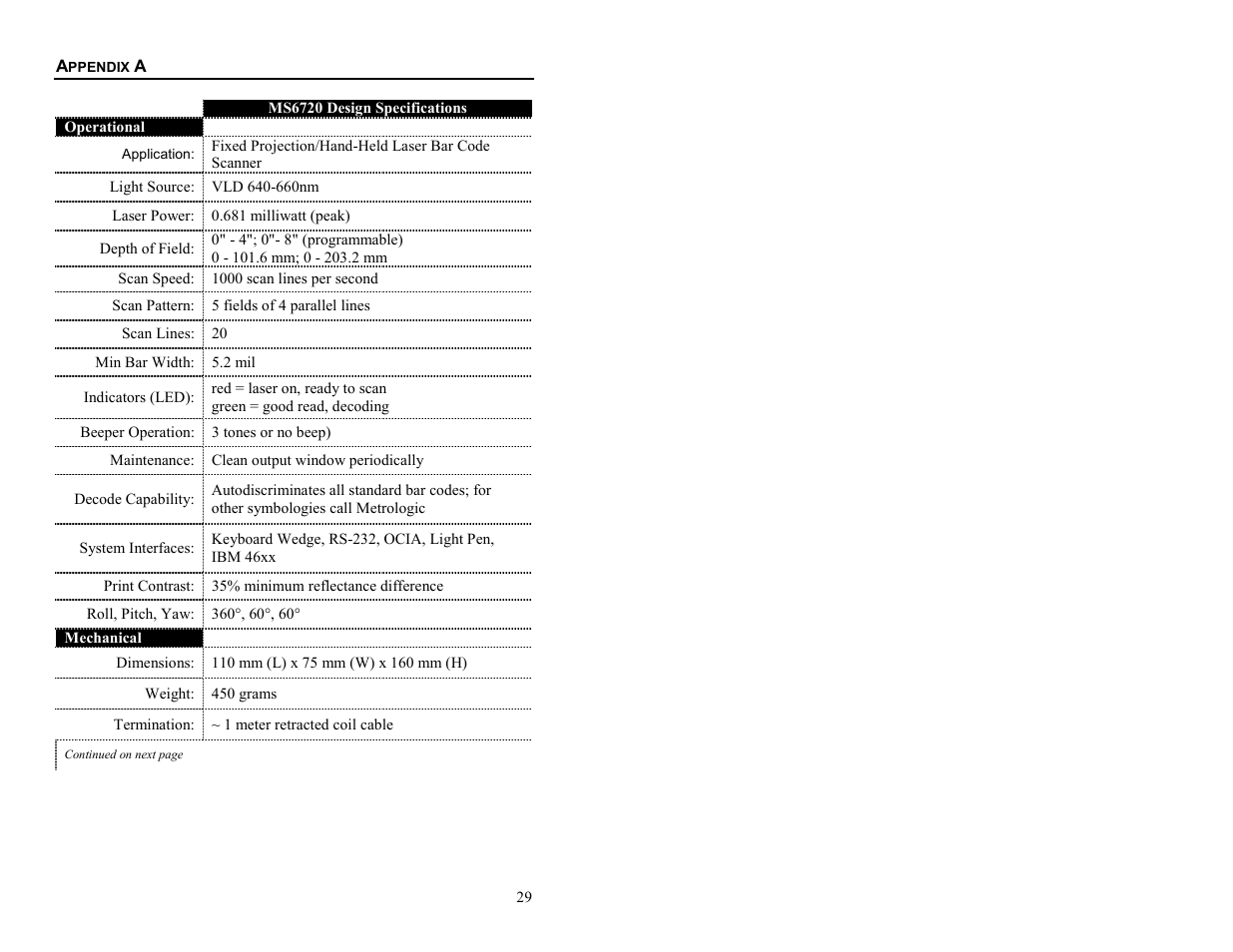 Appendix a, Design specifications | Metrologic Instruments MS6720 User Manual | Page 35 / 52