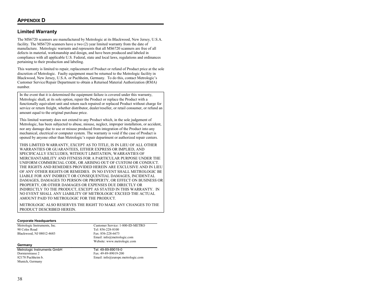 Appendix d, Limited warranty | Metrologic Instruments MS6720 User Manual | Page 44 / 52