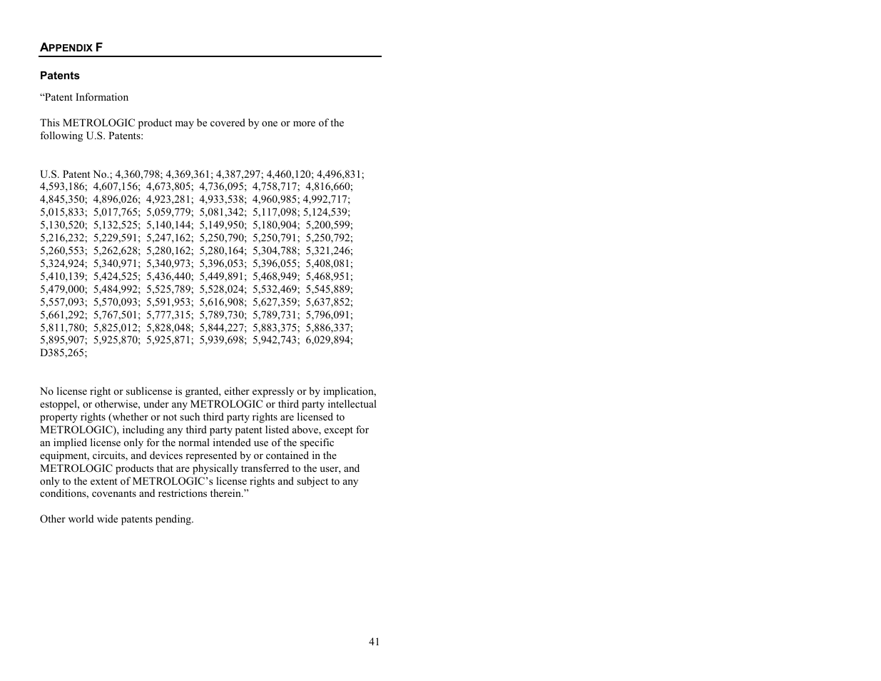 Appendix f, Patents | Metrologic Instruments MS6720 User Manual | Page 47 / 52