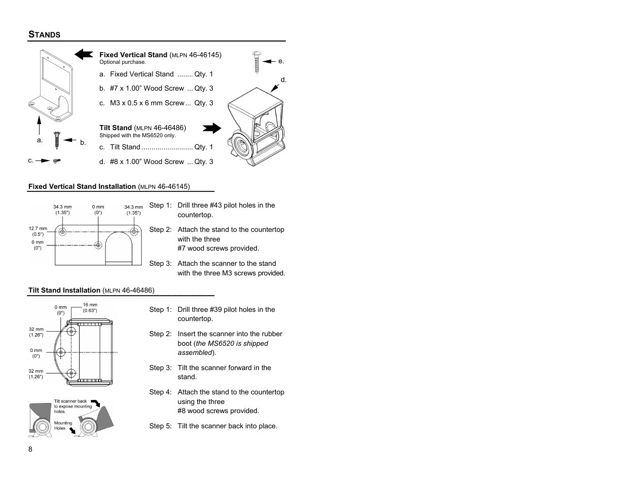 Stands, Fixed vertical (46-46145), Tilt (46-46486) | Metrologic Instruments Cubit MS6520 Series User Manual | Page 14 / 44
