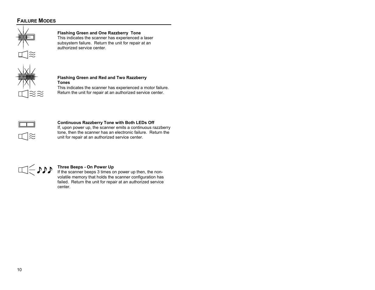 Failure modes | Metrologic Instruments Cubit MS6520 Series User Manual | Page 16 / 44