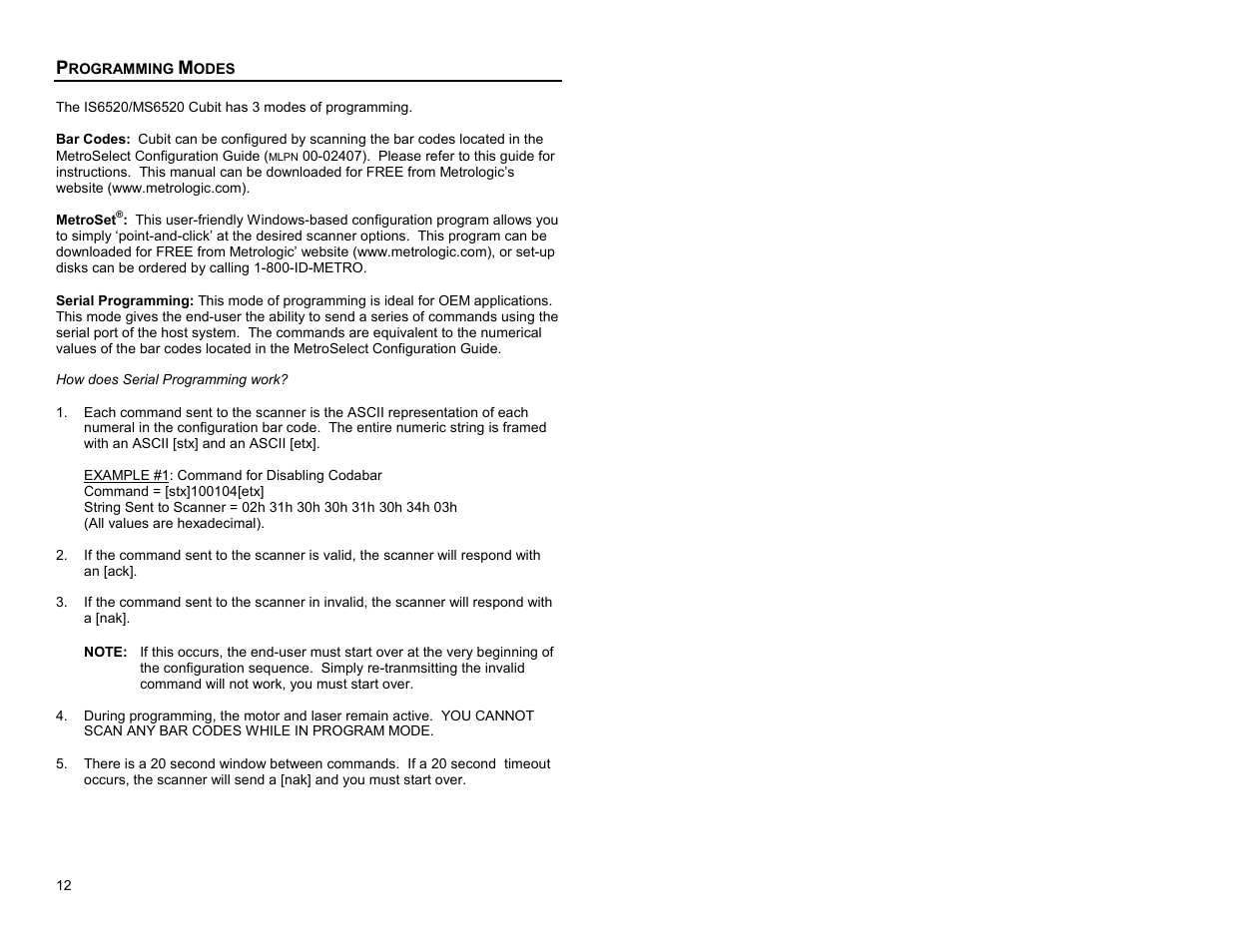 Programming modes | Metrologic Instruments Cubit MS6520 Series User Manual | Page 18 / 44