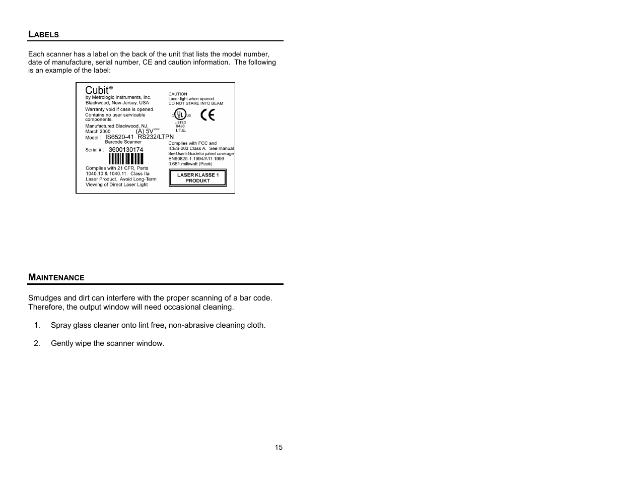 Labels, Maintenance | Metrologic Instruments Cubit MS6520 Series User Manual | Page 21 / 44