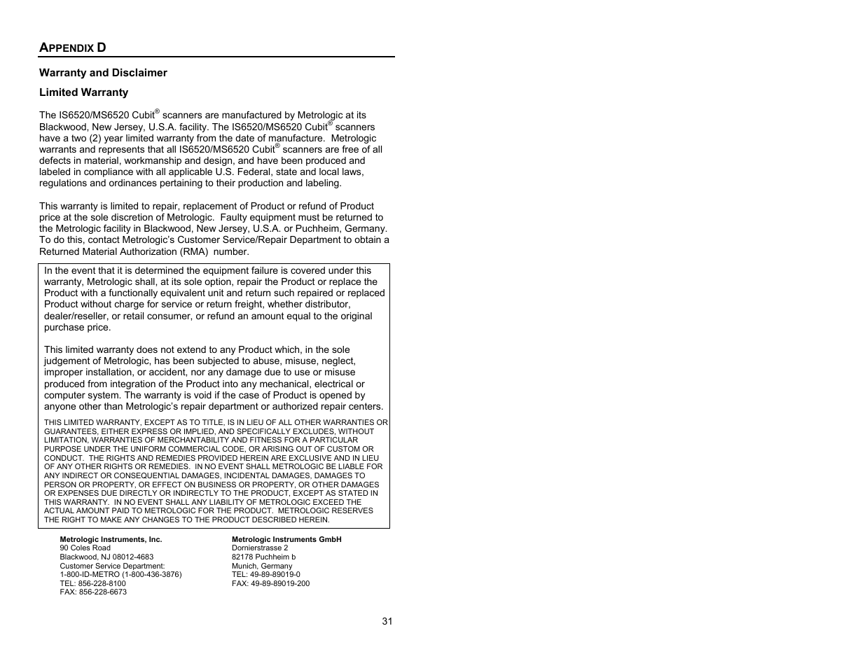 Appendix d, Limited warranty | Metrologic Instruments Cubit MS6520 Series User Manual | Page 37 / 44