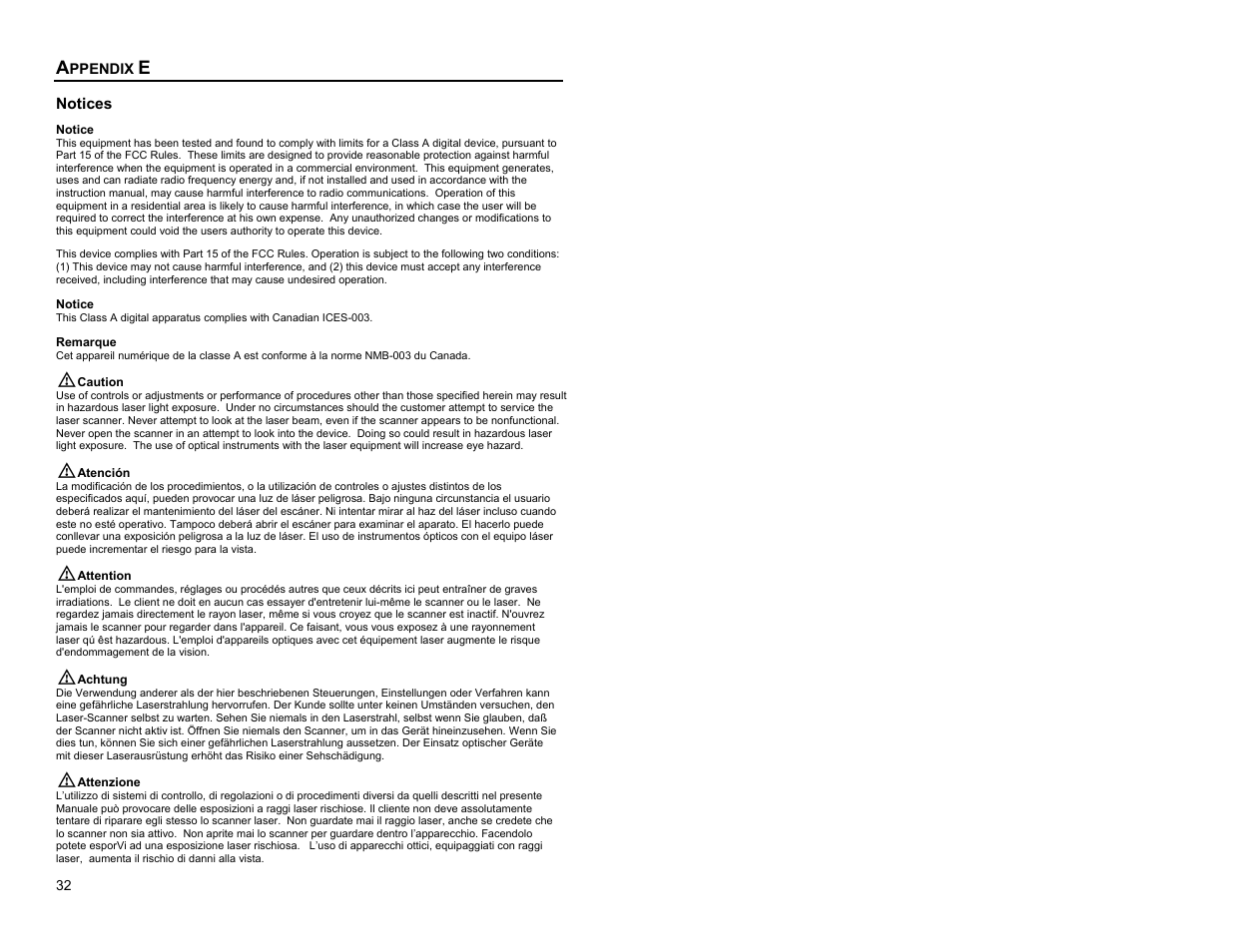 Appendix e, Notices | Metrologic Instruments Cubit MS6520 Series User Manual | Page 38 / 44