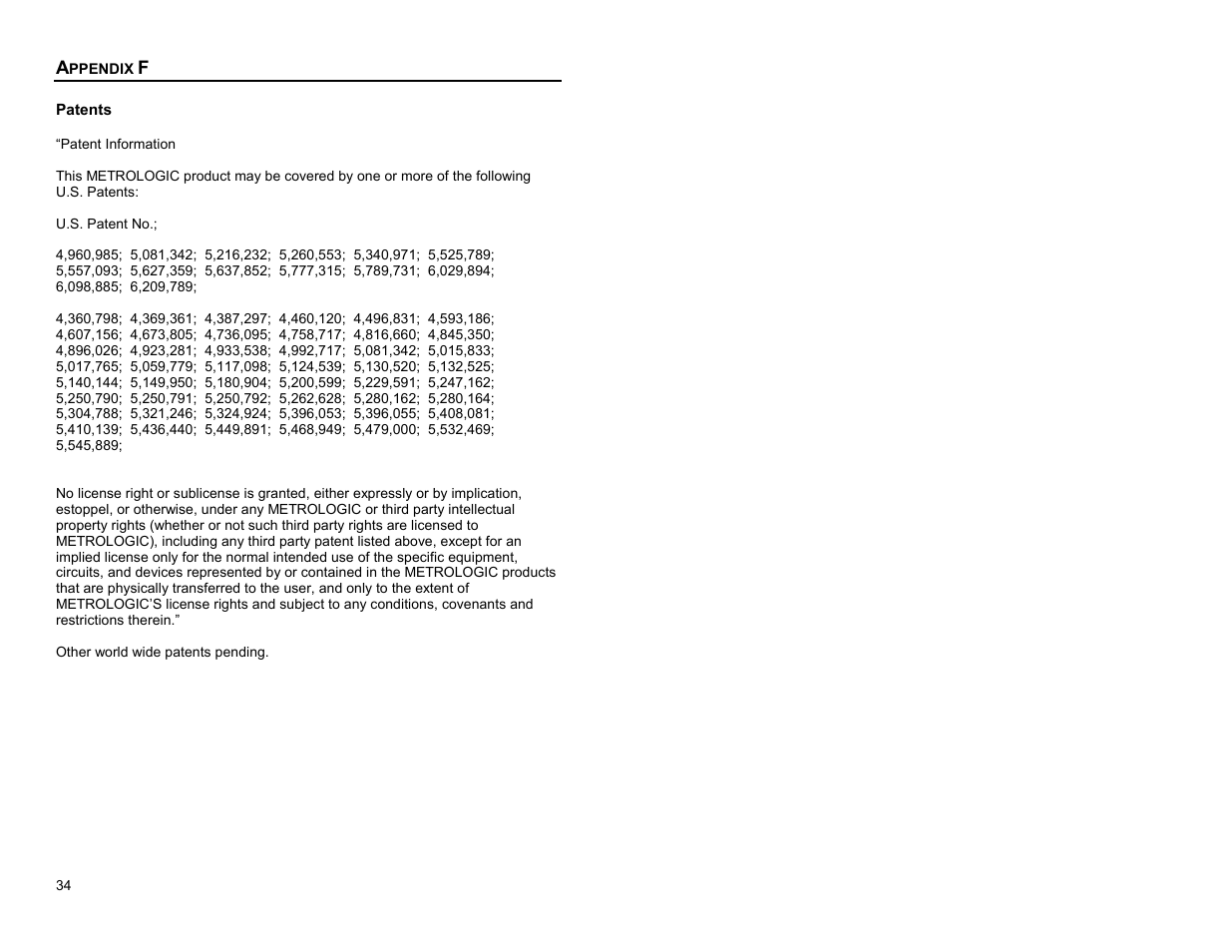 Appendix f, Patents | Metrologic Instruments Cubit MS6520 Series User Manual | Page 40 / 44