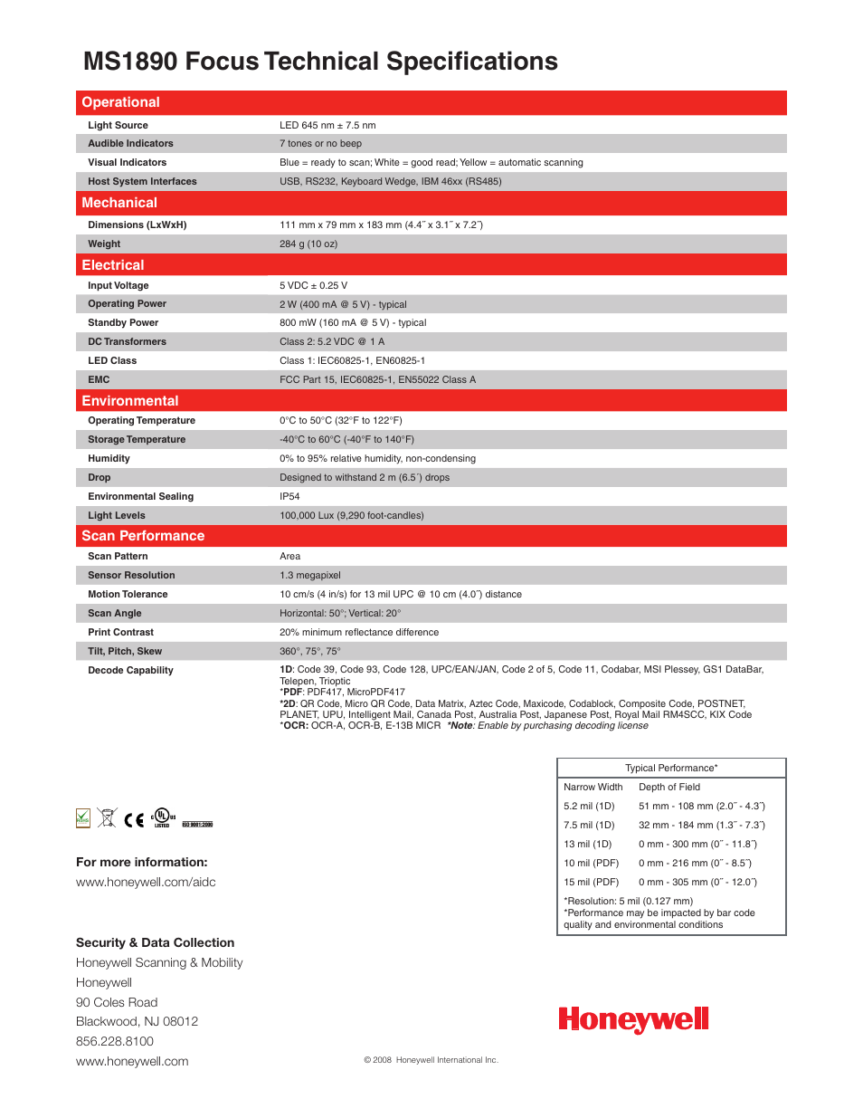 Ms1890 focus technical specifications, Operational, Mechanical | Electrical, Environmental, Scan performance | Metrologic Instruments MS1890 Focus User Manual | Page 2 / 2