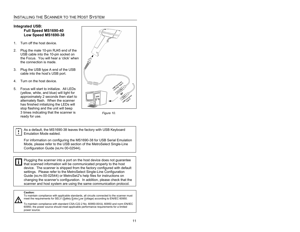 Integrated usb, Full speed ms1690-40, Low speed ms1690-38 | Full speed usb ms1690-40 (integrated), Low speed usb ms1690-38 (integrated) | Metrologic Instruments MS1690 User Manual | Page 15 / 52