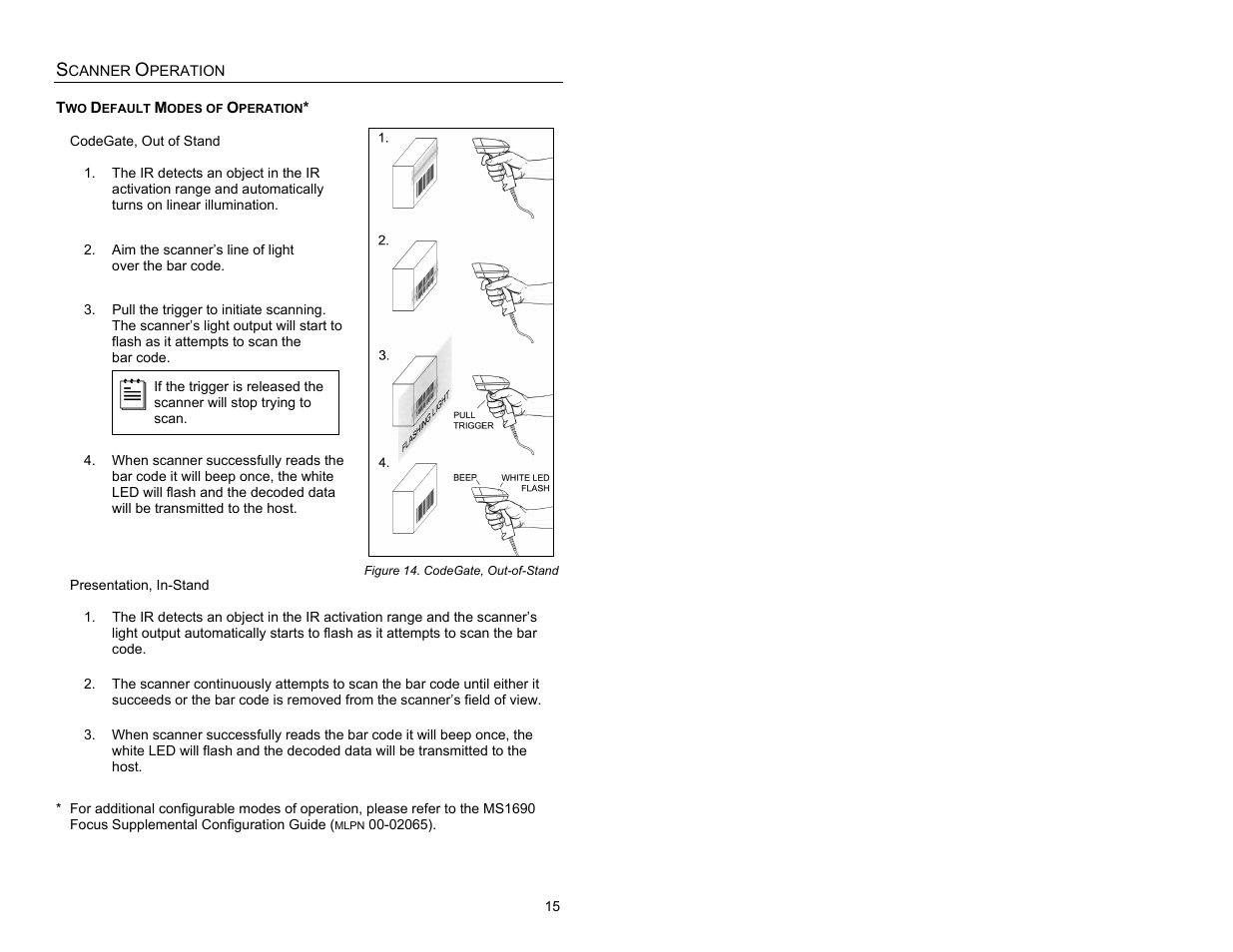 Scanner operation, Two default modes of operation, Codegate, out of stand | Presentation, in-stand | Metrologic Instruments MS1690 User Manual | Page 19 / 52