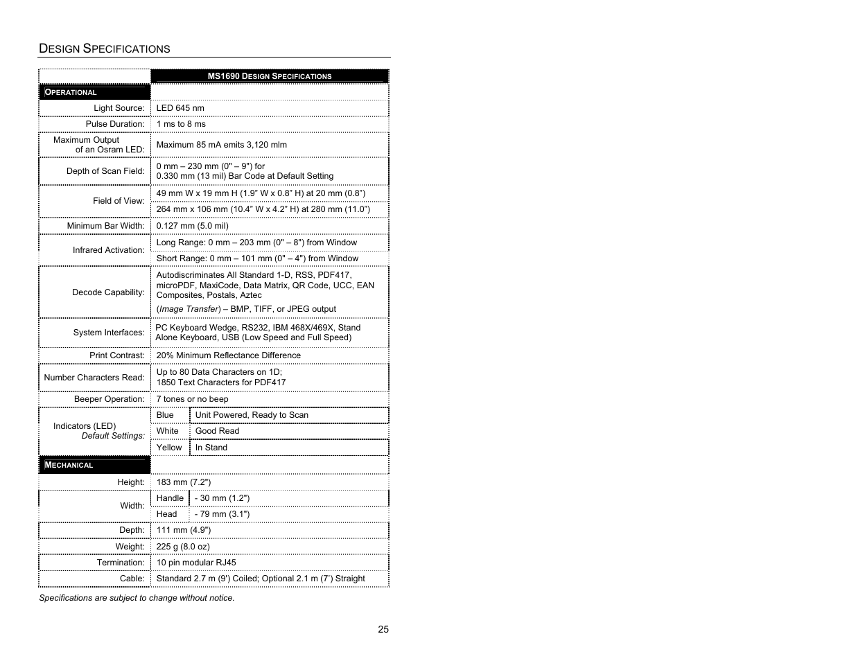 Design specifications, Operational, Mechanical | Metrologic Instruments MS1690 User Manual | Page 29 / 52