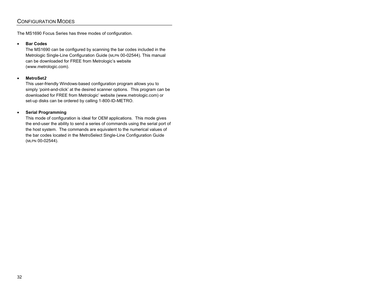 Configuration modes | Metrologic Instruments MS1690 User Manual | Page 36 / 52