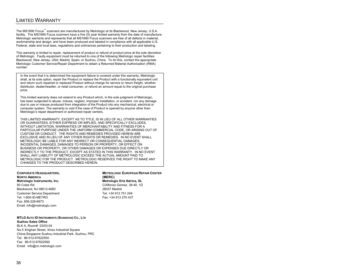 Limited warranty | Metrologic Instruments MS1690 User Manual | Page 42 / 52