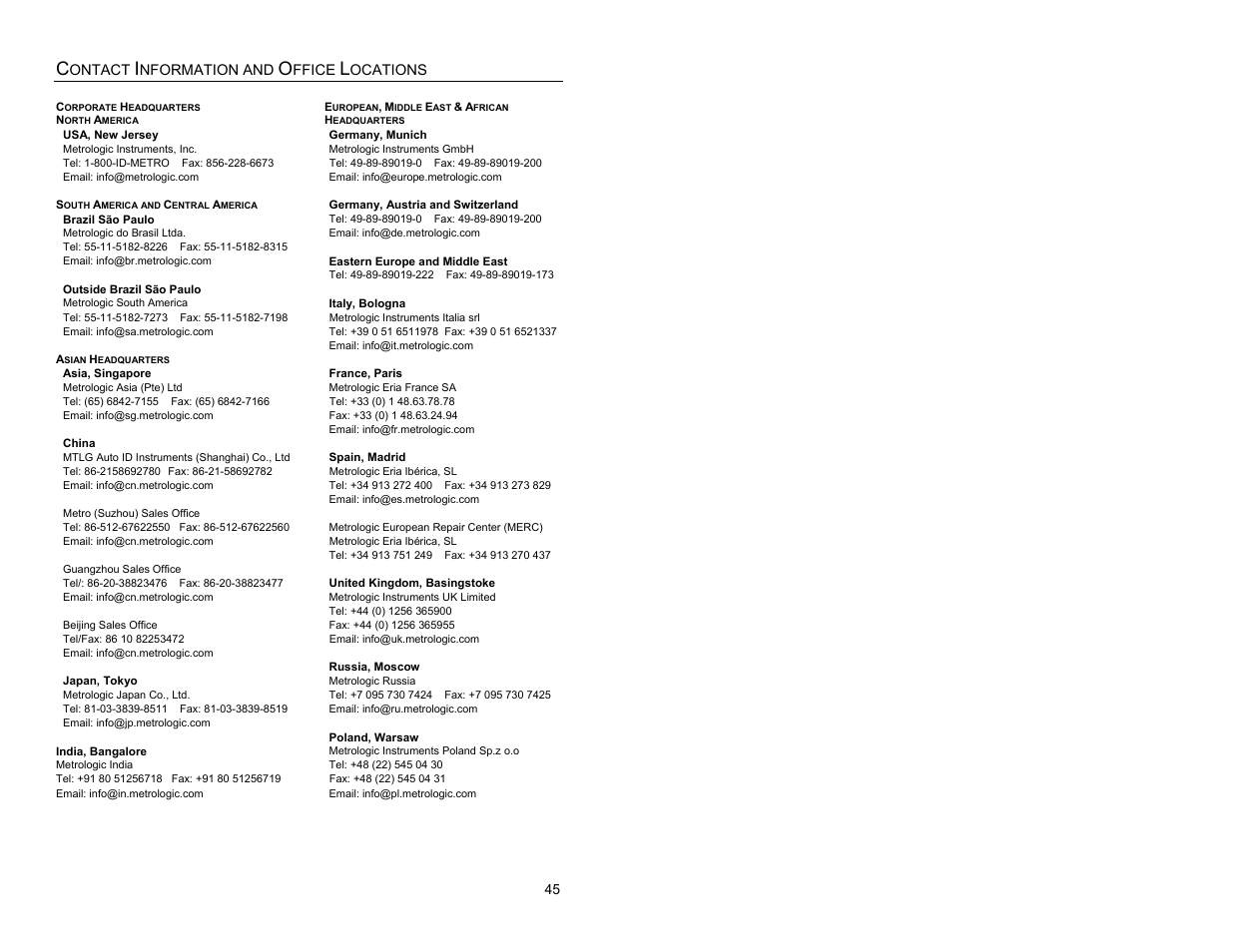 Contact information and office locations | Metrologic Instruments MS1690 User Manual | Page 49 / 52