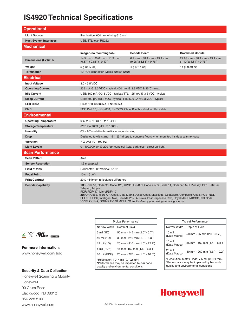 Is4920 technical specifications, Operational, Mechanical | Electrical, Environmental, Scan performance | Metrologic Instruments IS4920 User Manual | Page 2 / 2