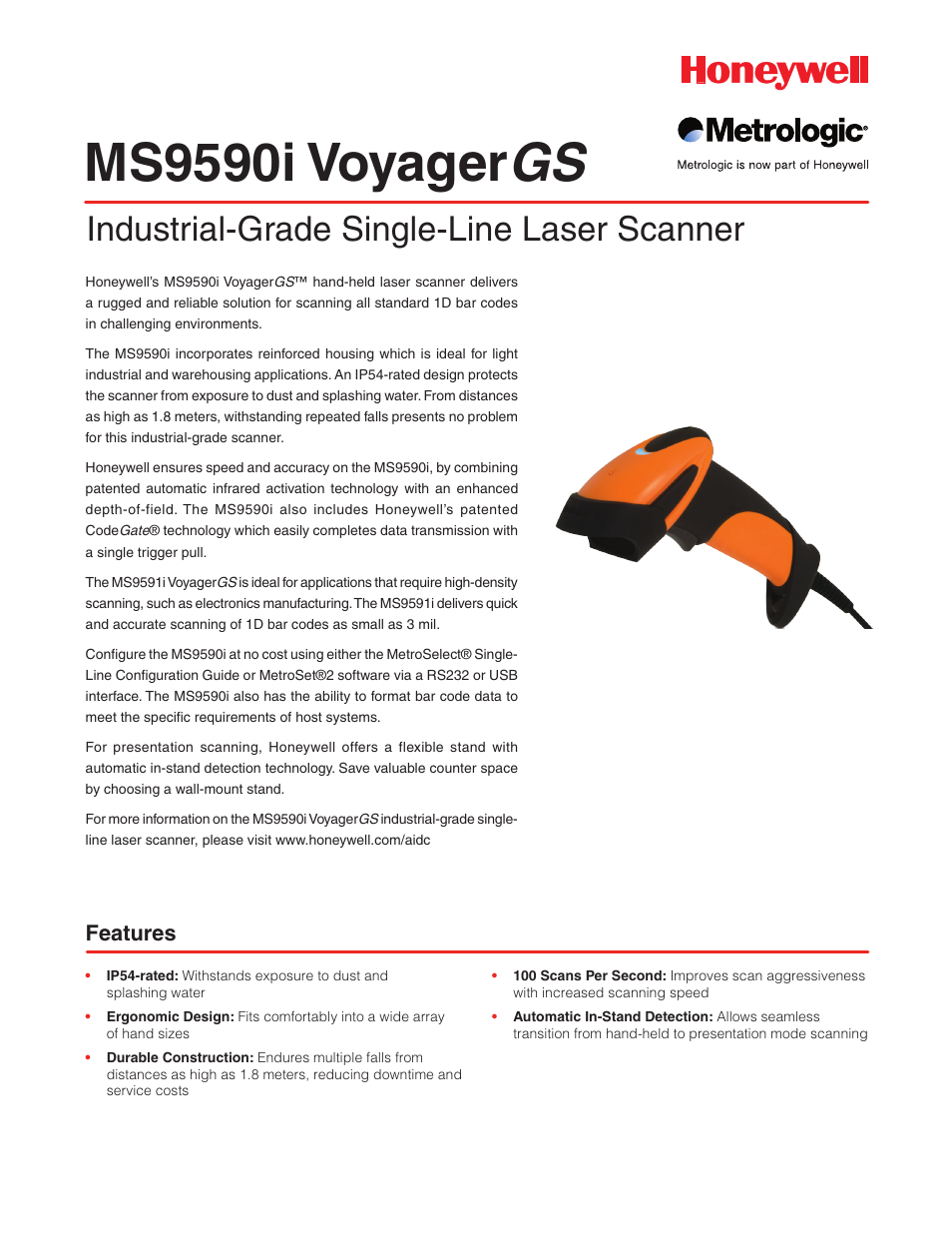Metrologic Instruments VoyagerGS MS9590i User Manual | 2 pages