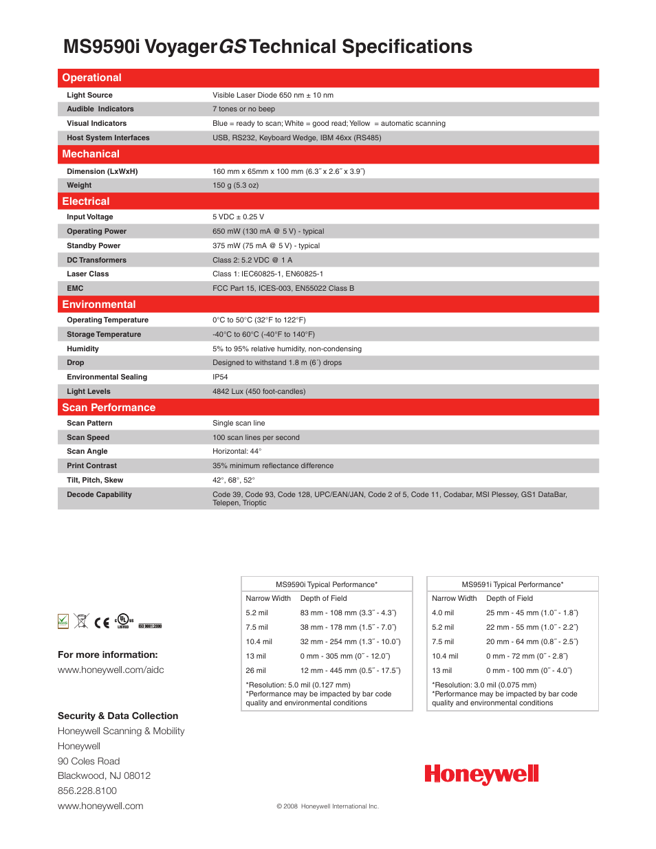 Ms9590i voyager gs technical specifications, Operational, Mechanical | Electrical, Environmental, Scan performance | Metrologic Instruments VoyagerGS MS9590i User Manual | Page 2 / 2