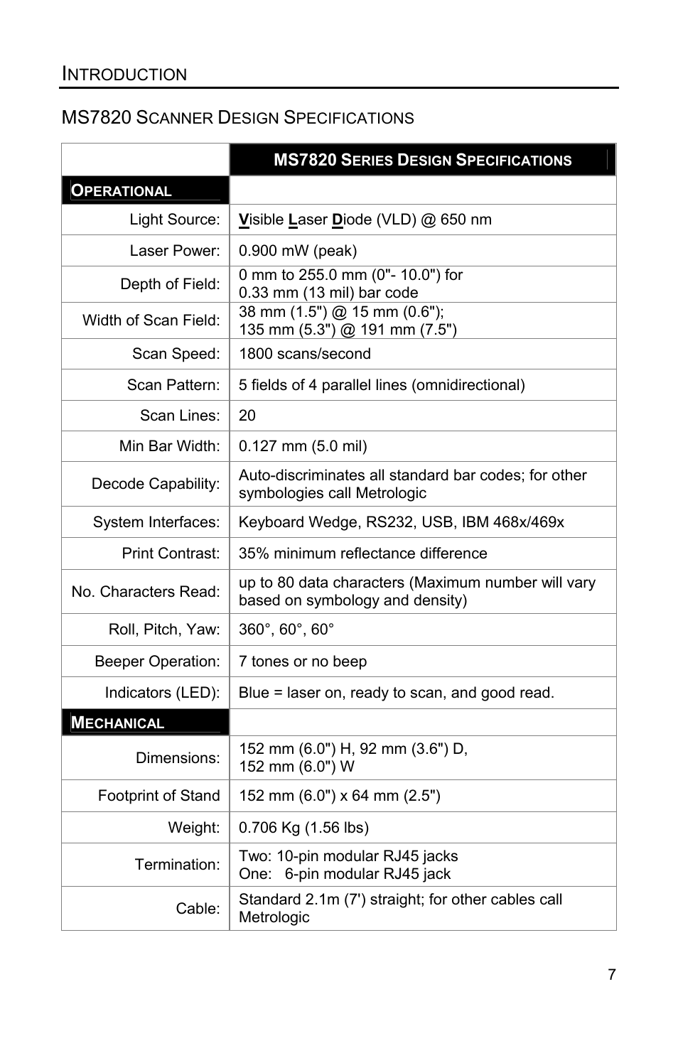 Ms7820 scanner design specifications, Ms7820 | Metrologic Instruments Solaris MS7820 User Manual | Page 11 / 64