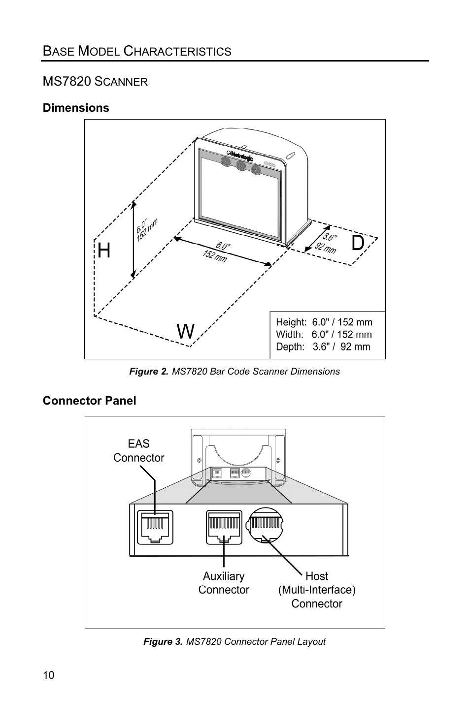 Dimensions, Connector panel, Ms7820 | Metrologic Instruments Solaris MS7820 User Manual | Page 14 / 64