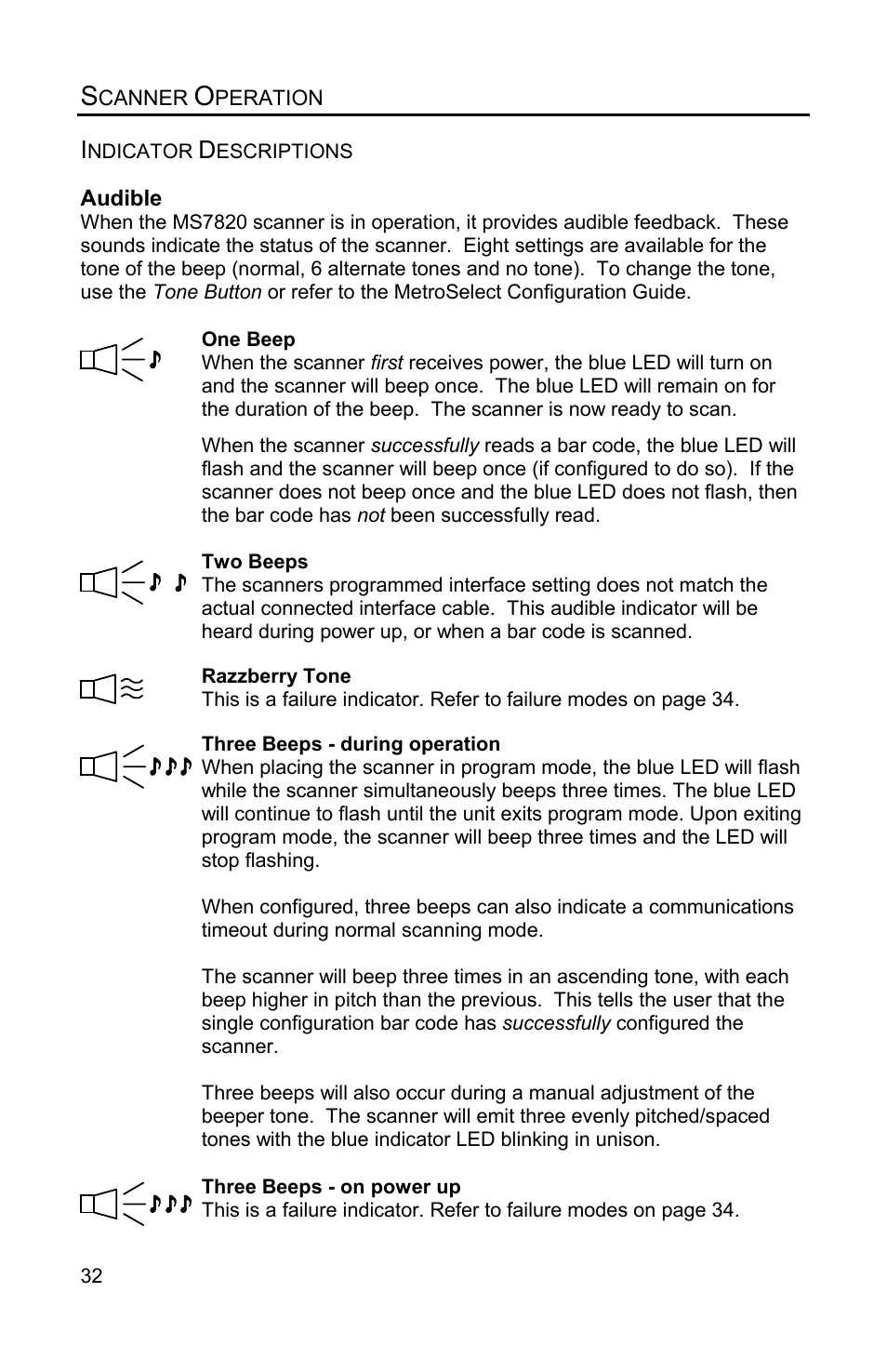 Indicator descriptions, Audible | Metrologic Instruments Solaris MS7820 User Manual | Page 36 / 64