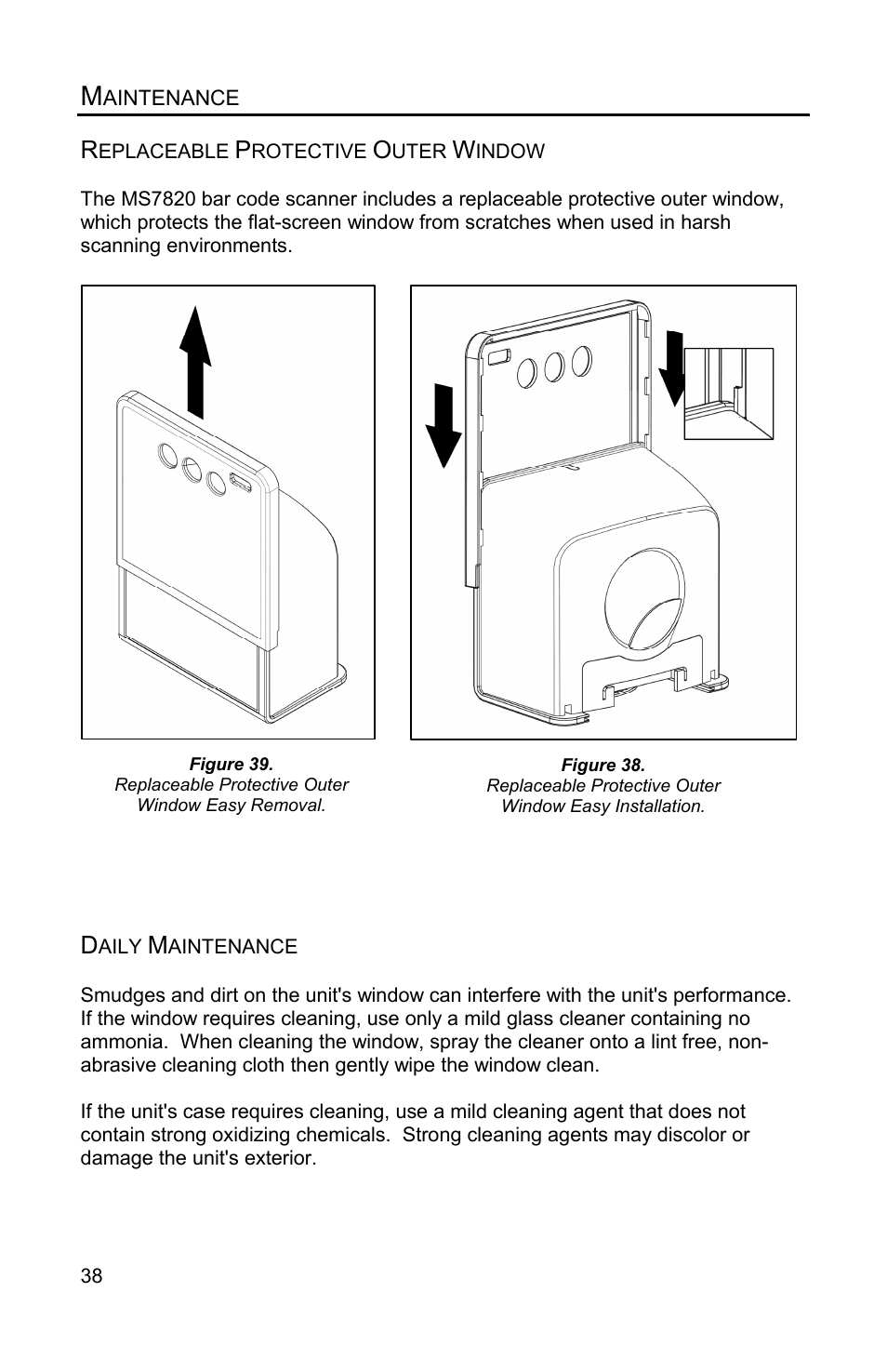 Maintenance, Replaceable protective outer window, Daily maintenance | Metrologic Instruments Solaris MS7820 User Manual | Page 42 / 64