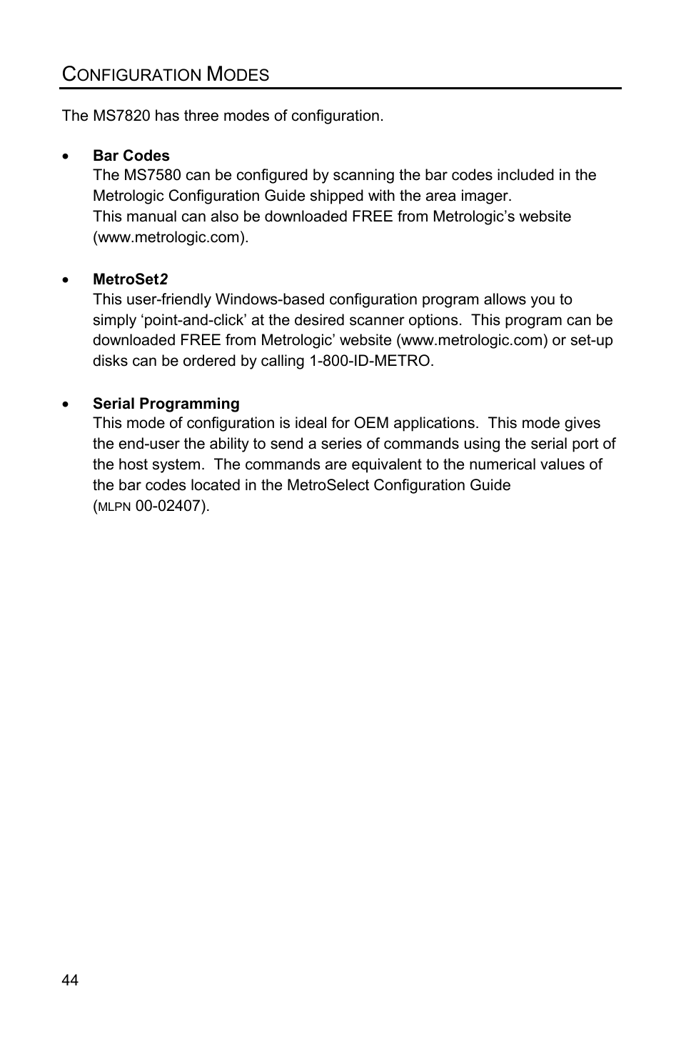 Configuration modes | Metrologic Instruments Solaris MS7820 User Manual | Page 48 / 64