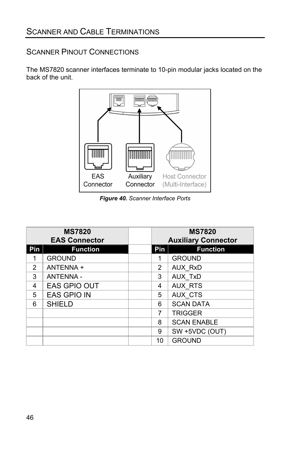 Scanner and cable terminations, Scanner pinout connection | Metrologic Instruments Solaris MS7820 User Manual | Page 50 / 64