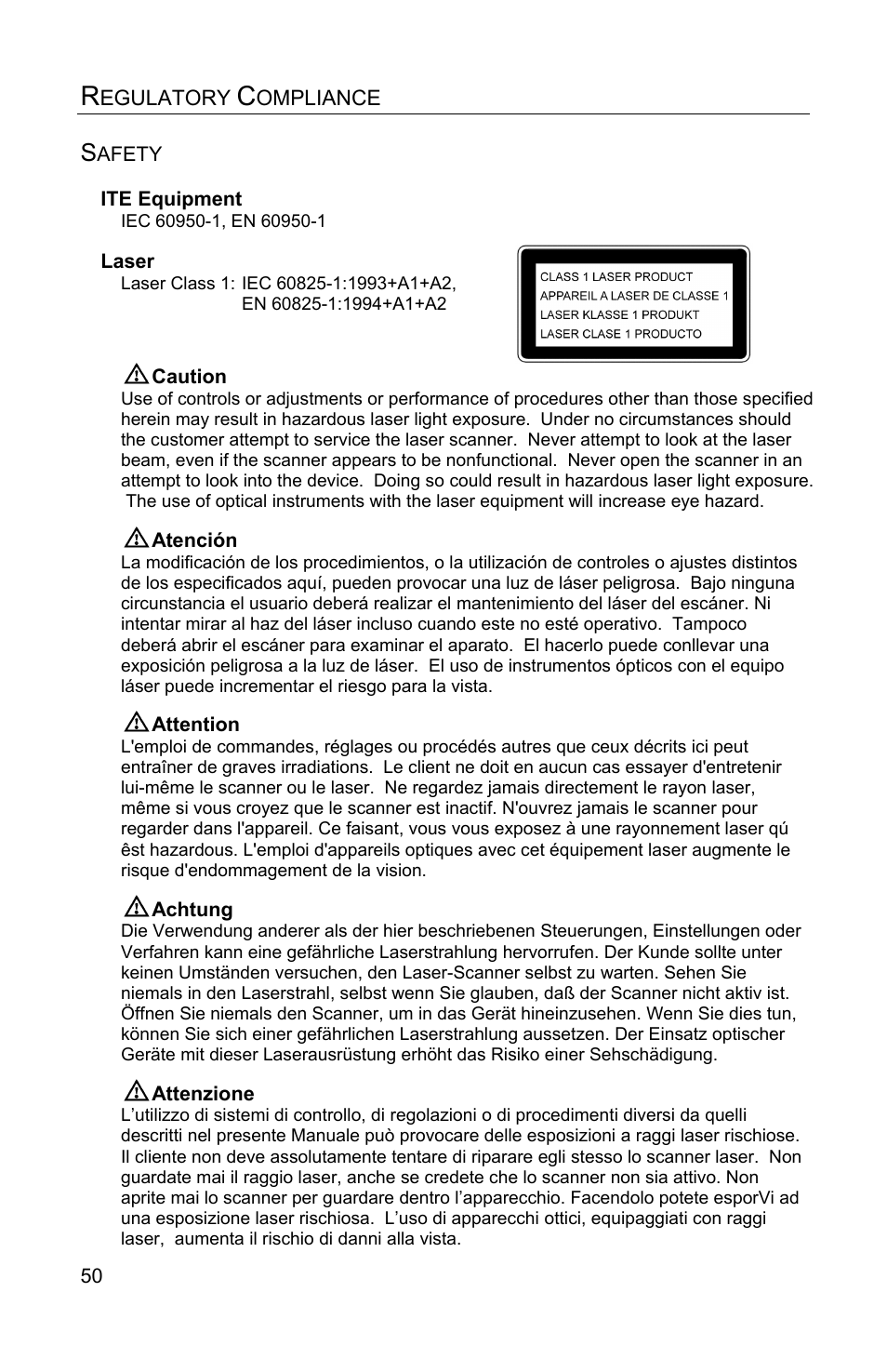 Regulatory compliance, Safety | Metrologic Instruments Solaris MS7820 User Manual | Page 54 / 64