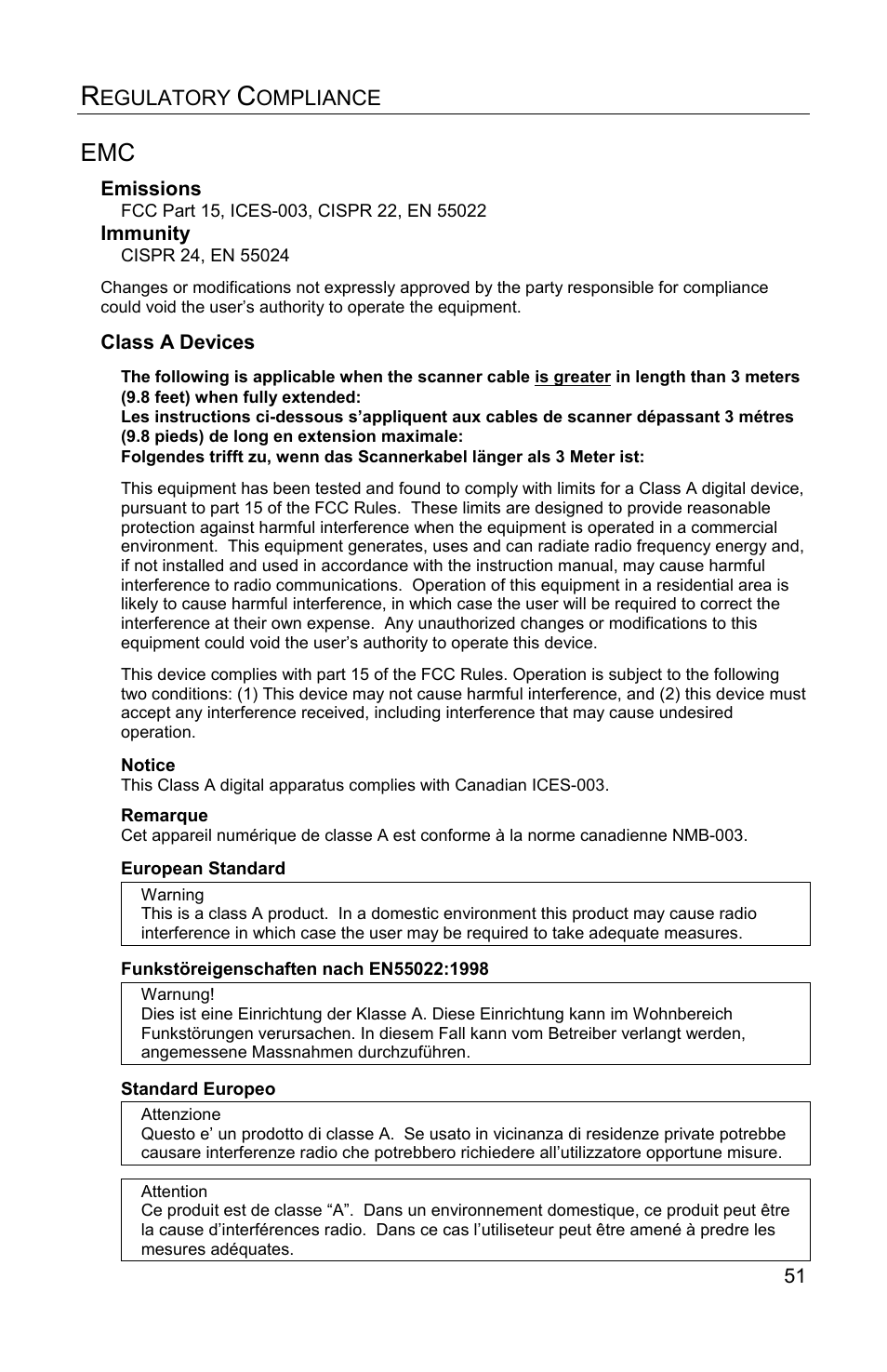 Class a devices, Egulatory, Ompliance | Metrologic Instruments Solaris MS7820 User Manual | Page 55 / 64