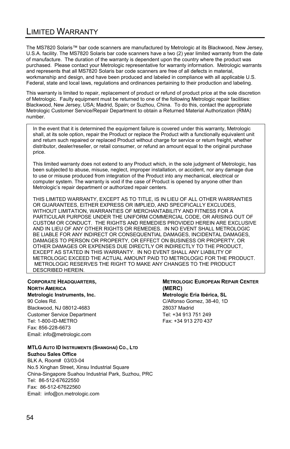 Imited, Arranty | Metrologic Instruments Solaris MS7820 User Manual | Page 58 / 64