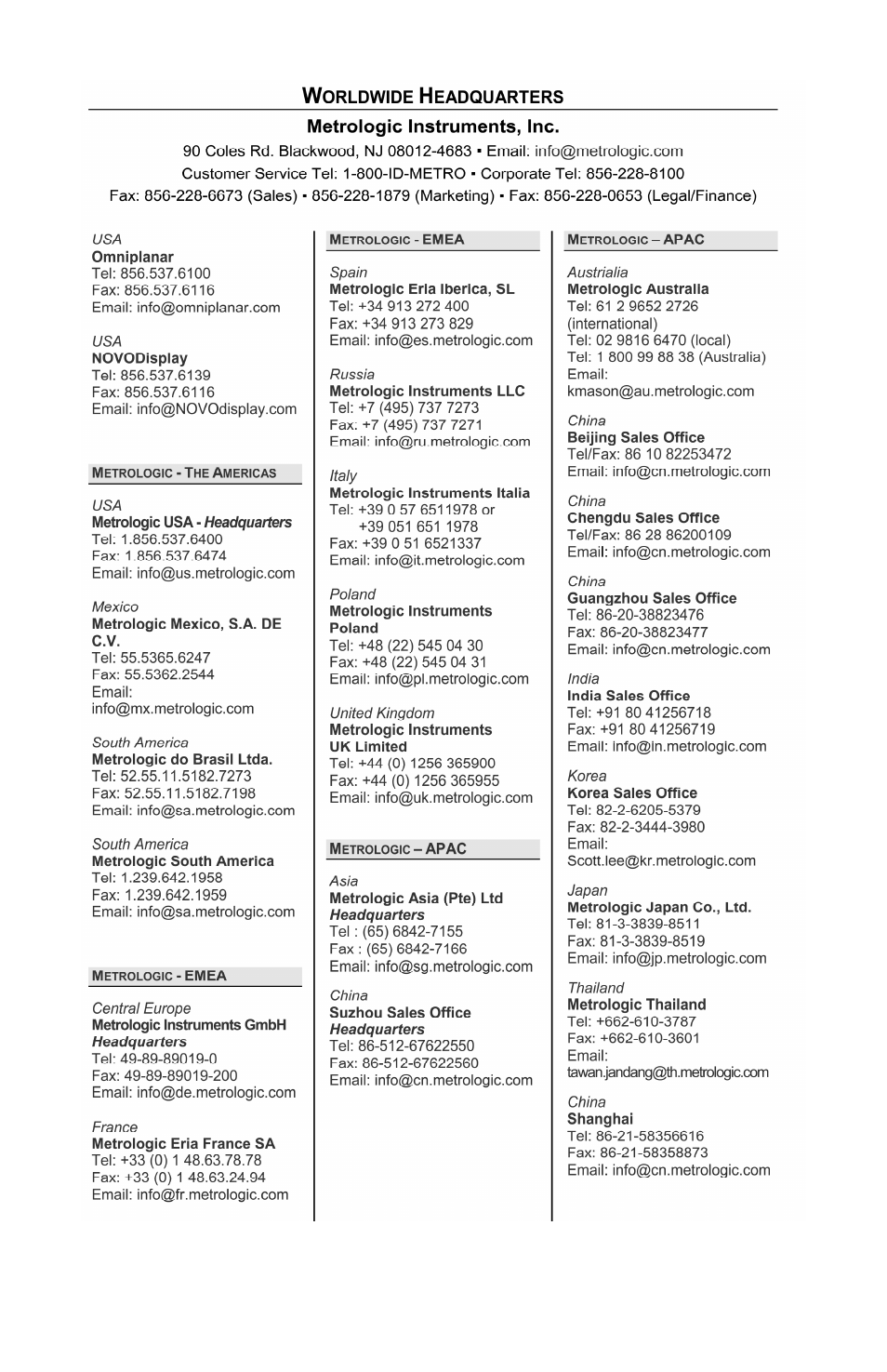 Contact information and office locations | Metrologic Instruments Solaris MS7820 User Manual | Page 61 / 64