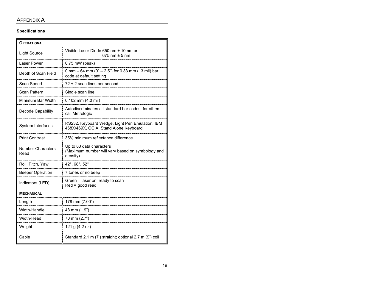 Appendix a, Specifications | Metrologic Instruments MS6200 User Manual | Page 23 / 40