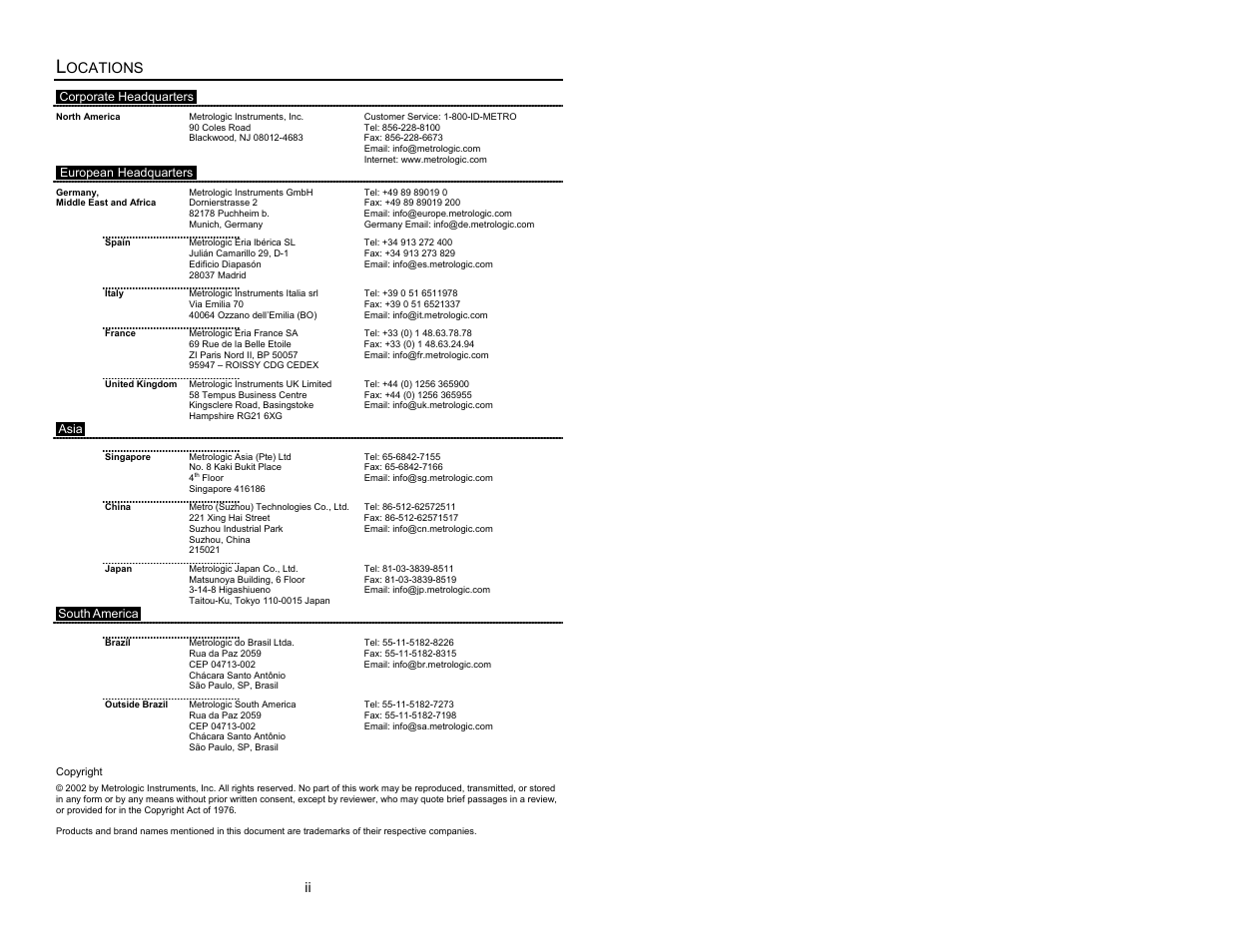 Locations, Ocations | Metrologic Instruments MS6200 User Manual | Page 3 / 40