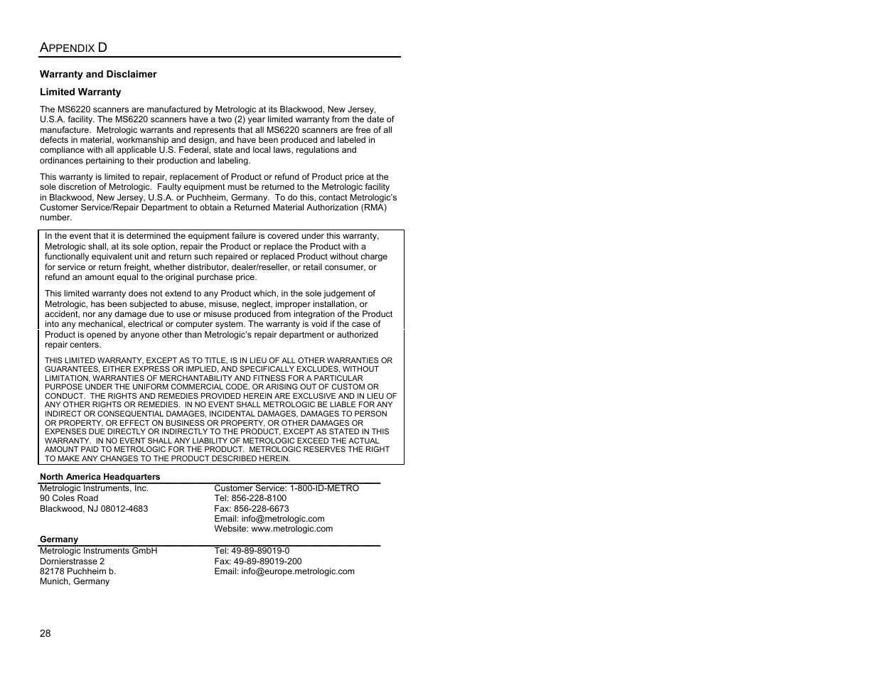 Appendix d, Limited warranty | Metrologic Instruments MS6200 User Manual | Page 32 / 40