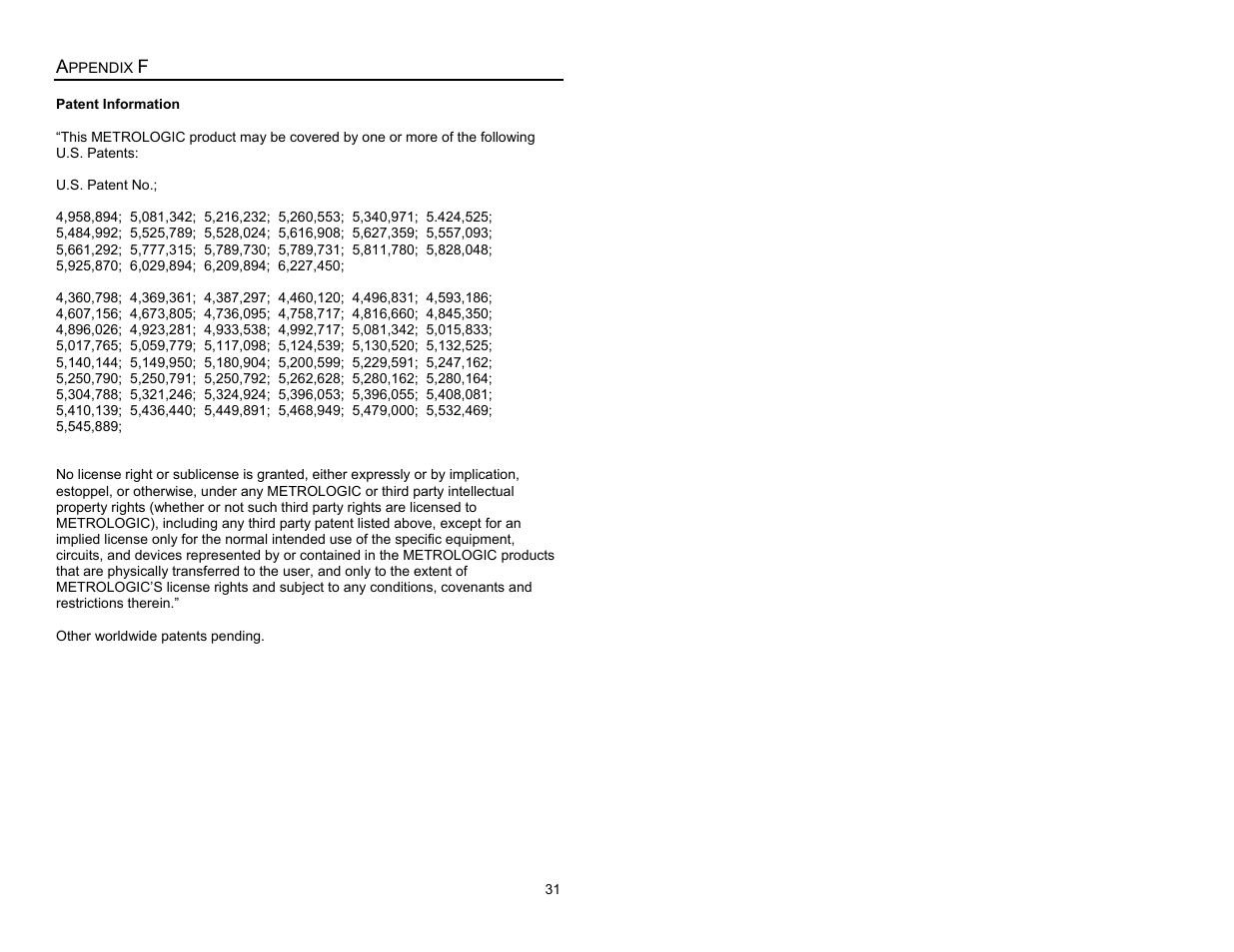 Appendix f, Patent information | Metrologic Instruments MS6200 User Manual | Page 35 / 40