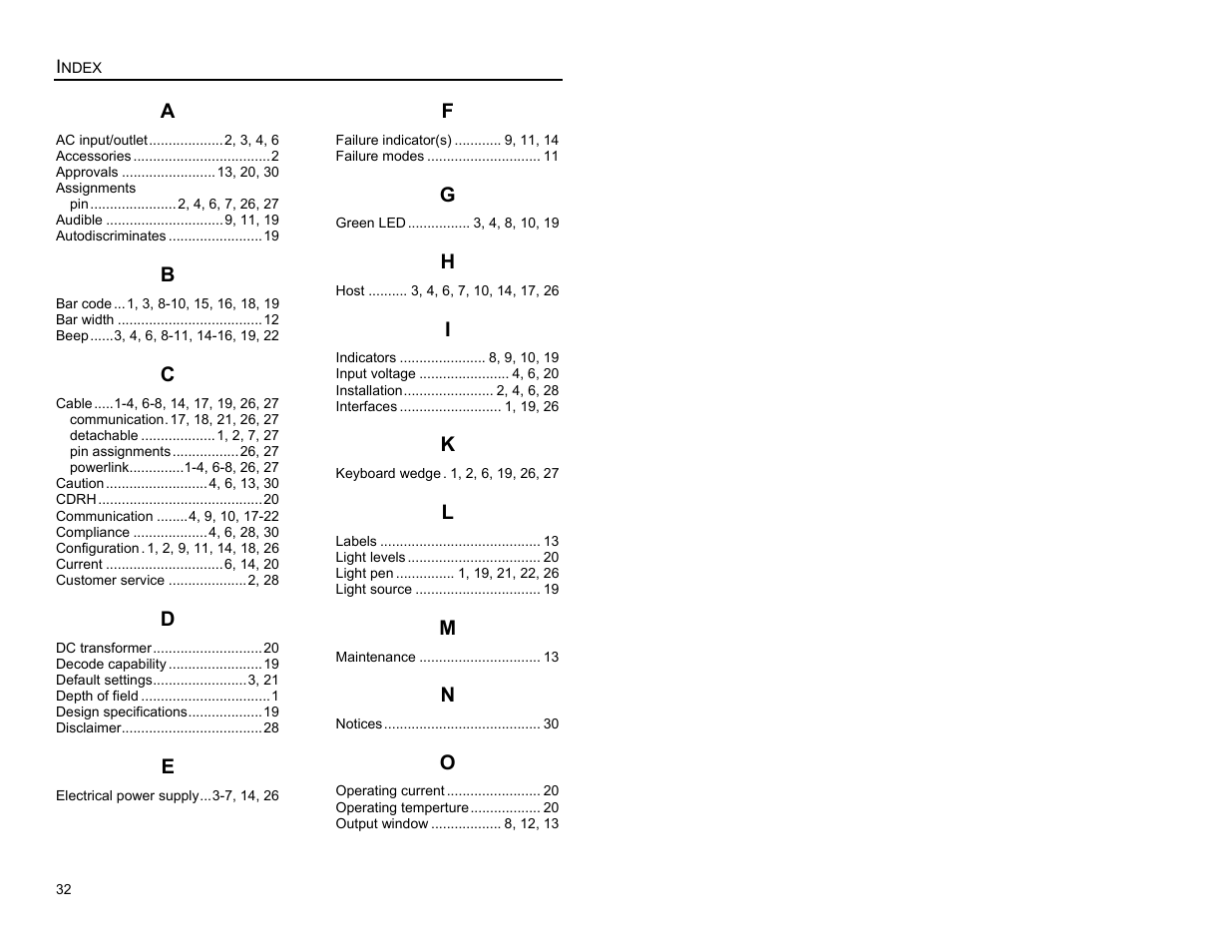 Index | Metrologic Instruments MS6200 User Manual | Page 36 / 40