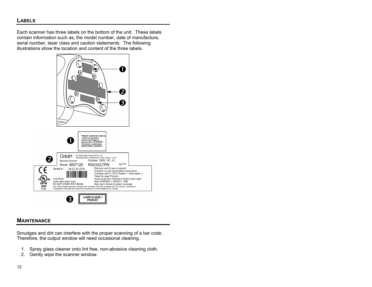 Labels, Maintenance, Labels maintenance | Metrologic Instruments MS7120 User Manual | Page 16 / 52