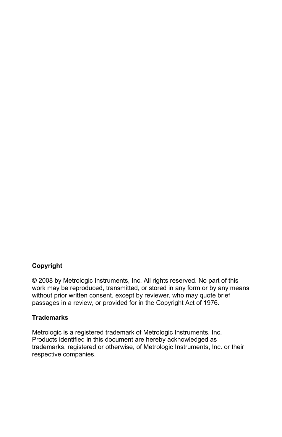 Copyright/trademark | Metrologic Instruments Genesis MS7580 User Manual | Page 2 / 48